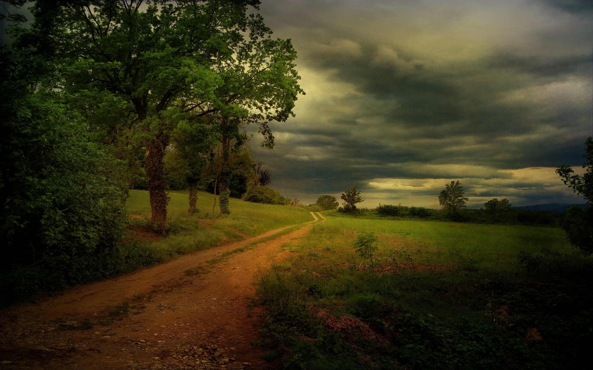 Dirt road through a grassy landscape under stormy clouds HD Wallpaper