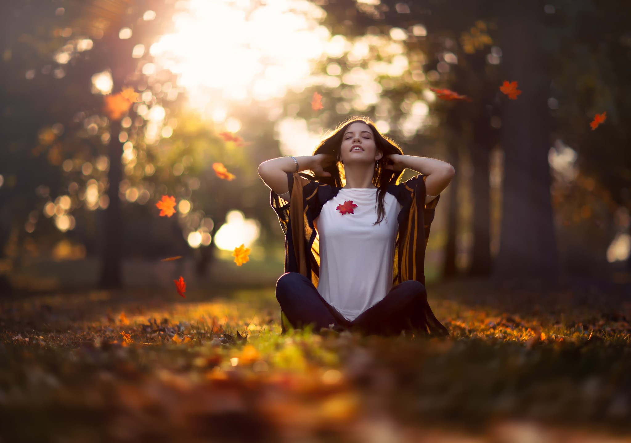 Woman sitting in a park with falling leaves HD Wallpaper