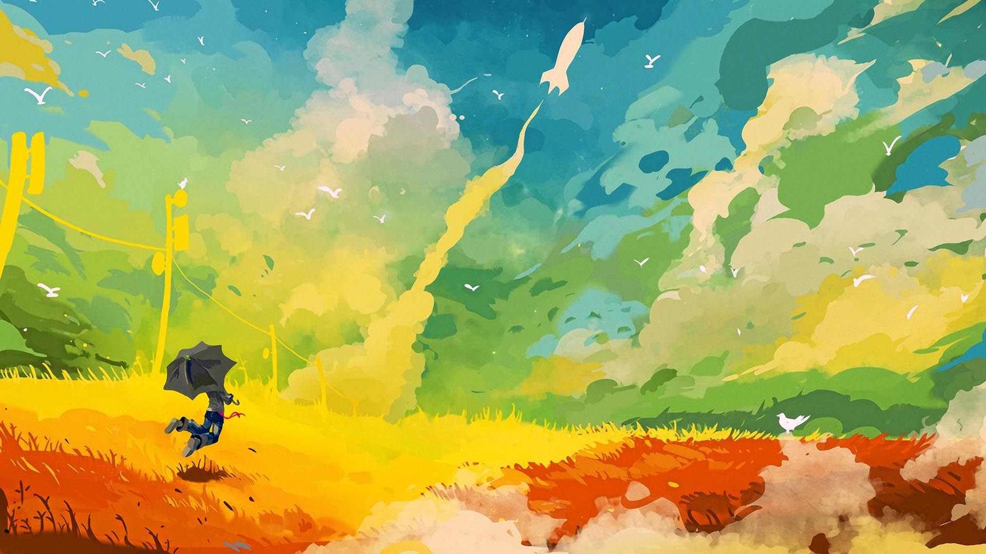 A person with an umbrella jumps near a rocket launch HD Wallpaper