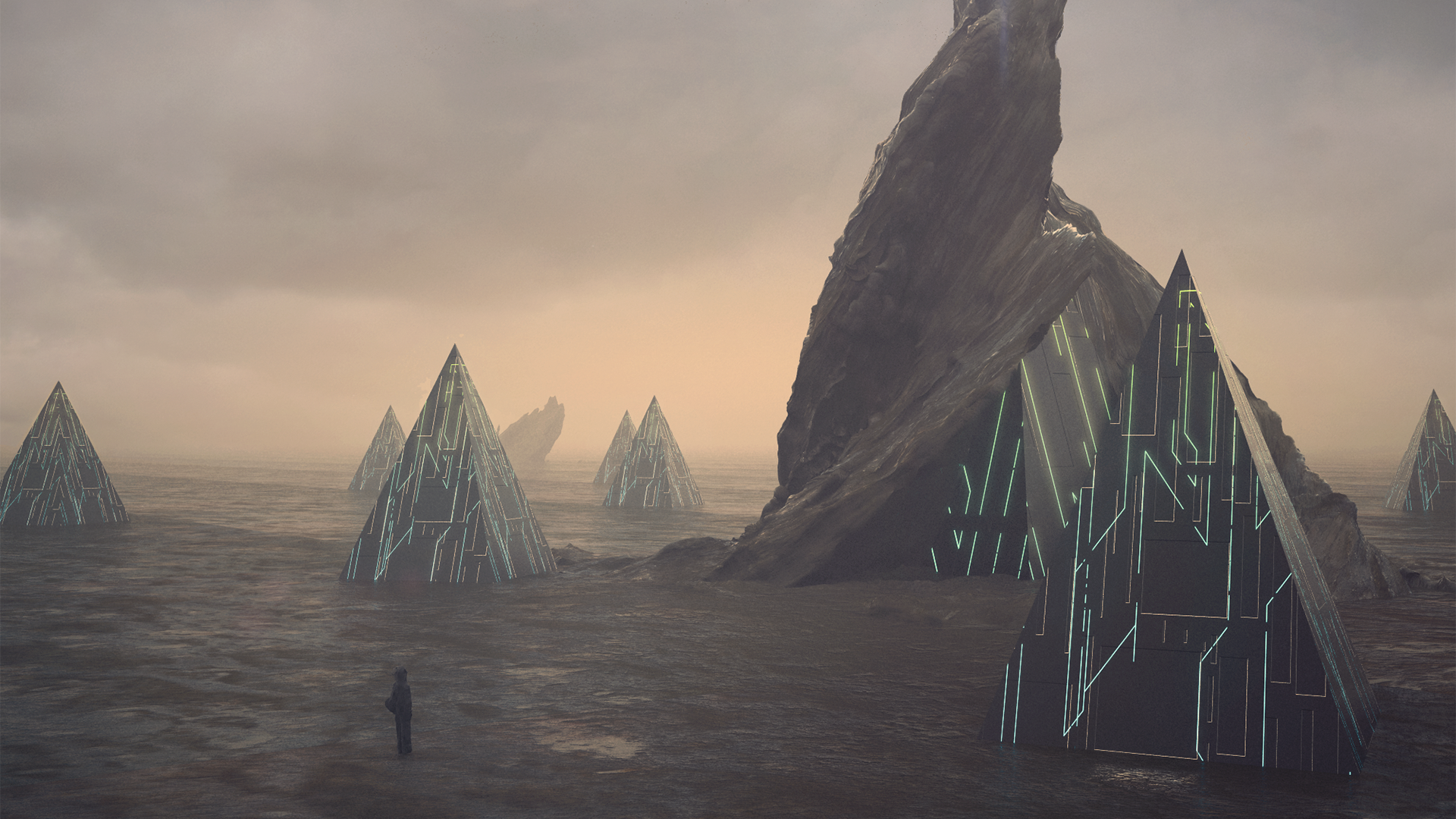 Futuristic pyramids in a desolate landscape HD Wallpaper