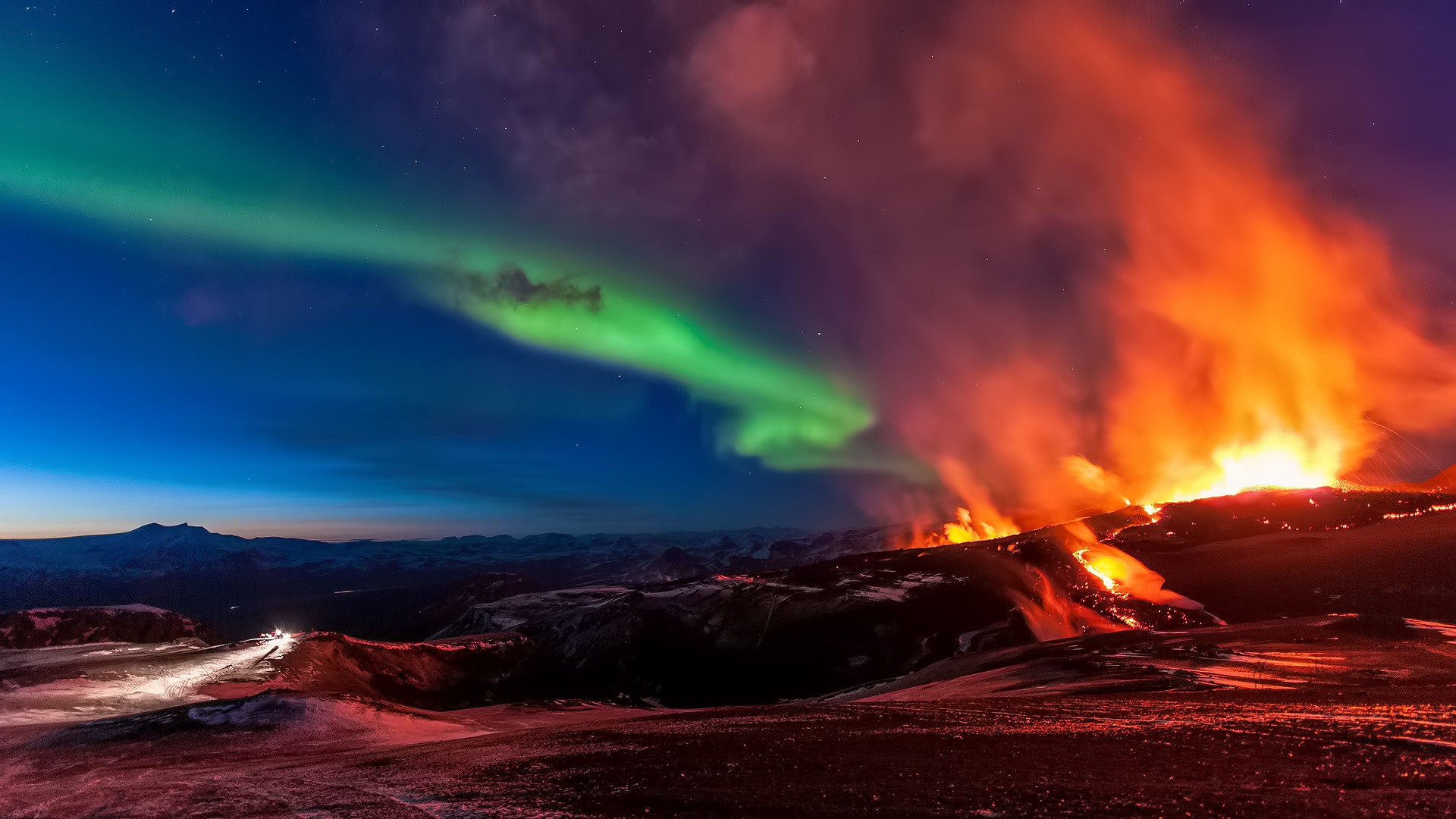 Volcano eruption under aurora borealis at night HD Wallpaper