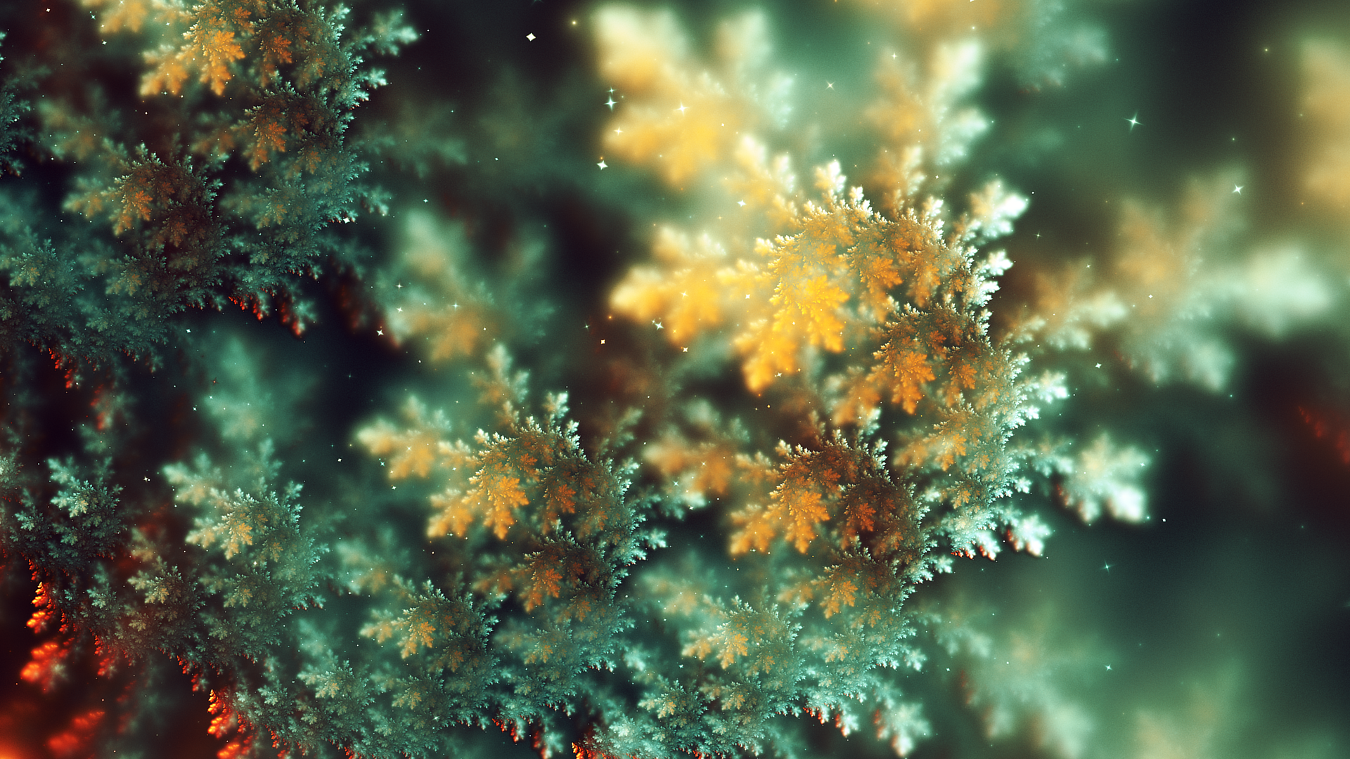 Abstract fractal branches with golden and teal leaves HD Wallpaper
