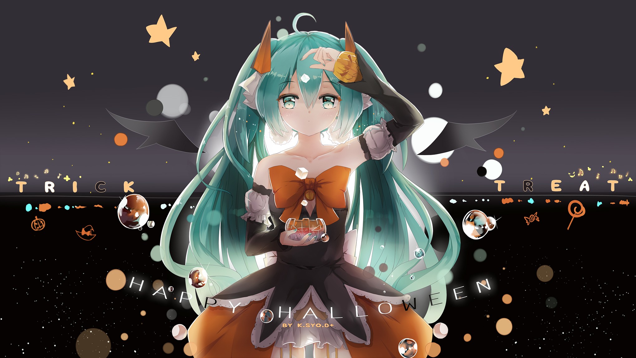 Hatsune Miku in Halloween Costume Holding Candy HD Wallpaper