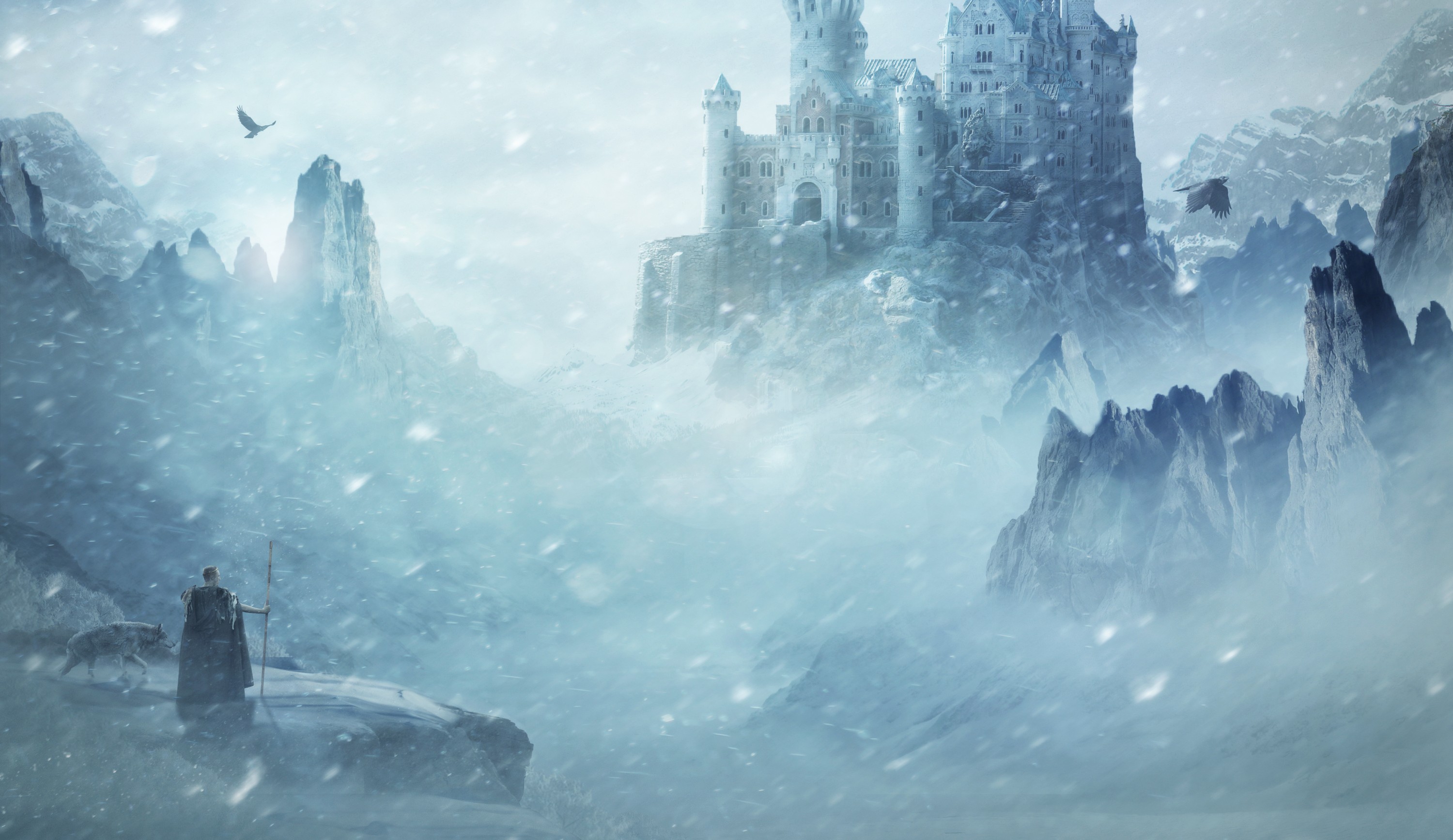 Fantasy castle in a snowy mountain landscape with a man and wolf HD Wallpaper