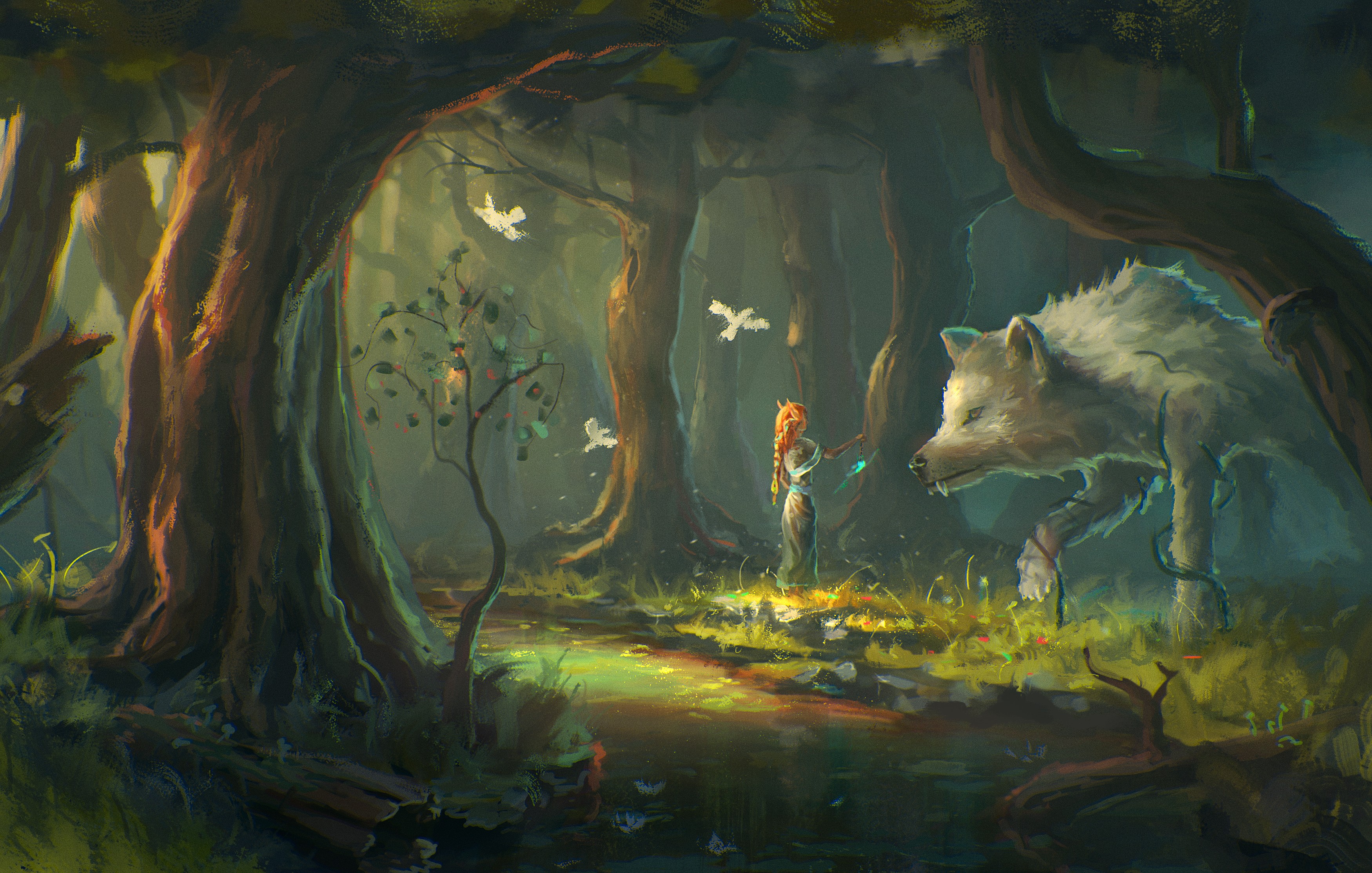 Girl and wolf in a fantasy forest HD Wallpaper