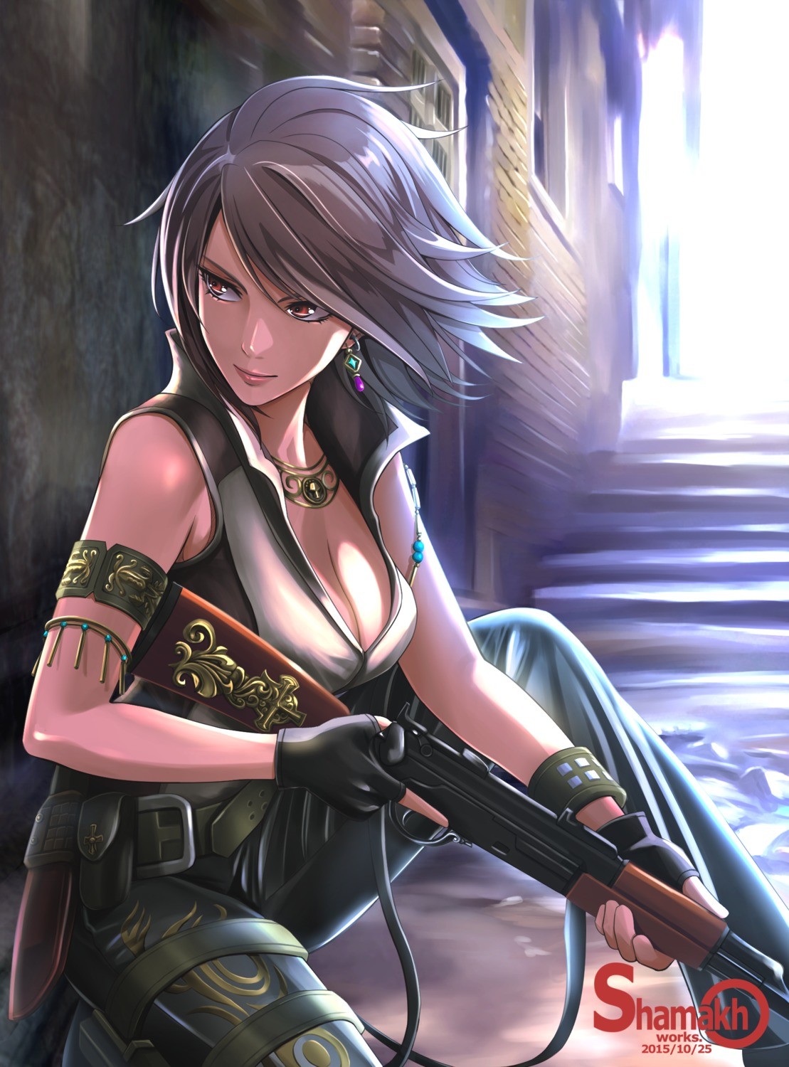Anime girl with a rifle in a gritty urban setting HD Wallpaper