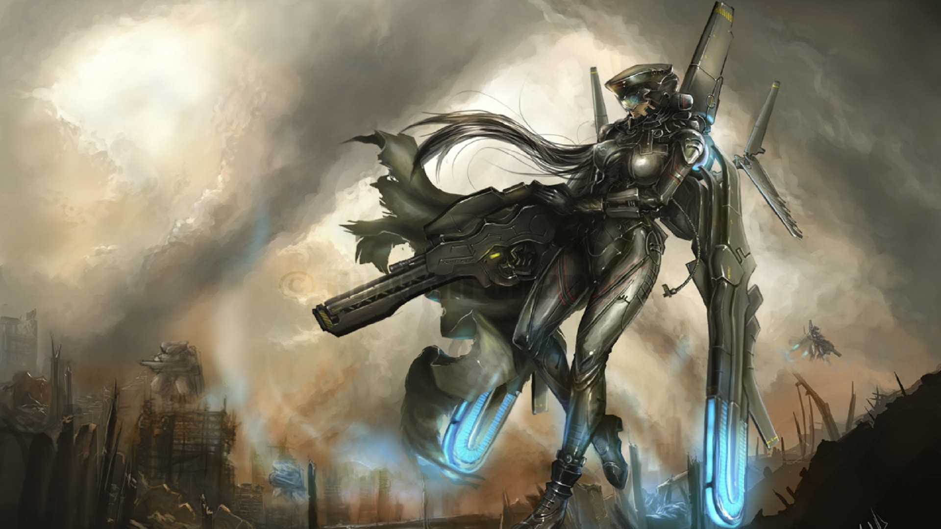 Futuristic mecha girl with large gun in ruined city HD Wallpaper