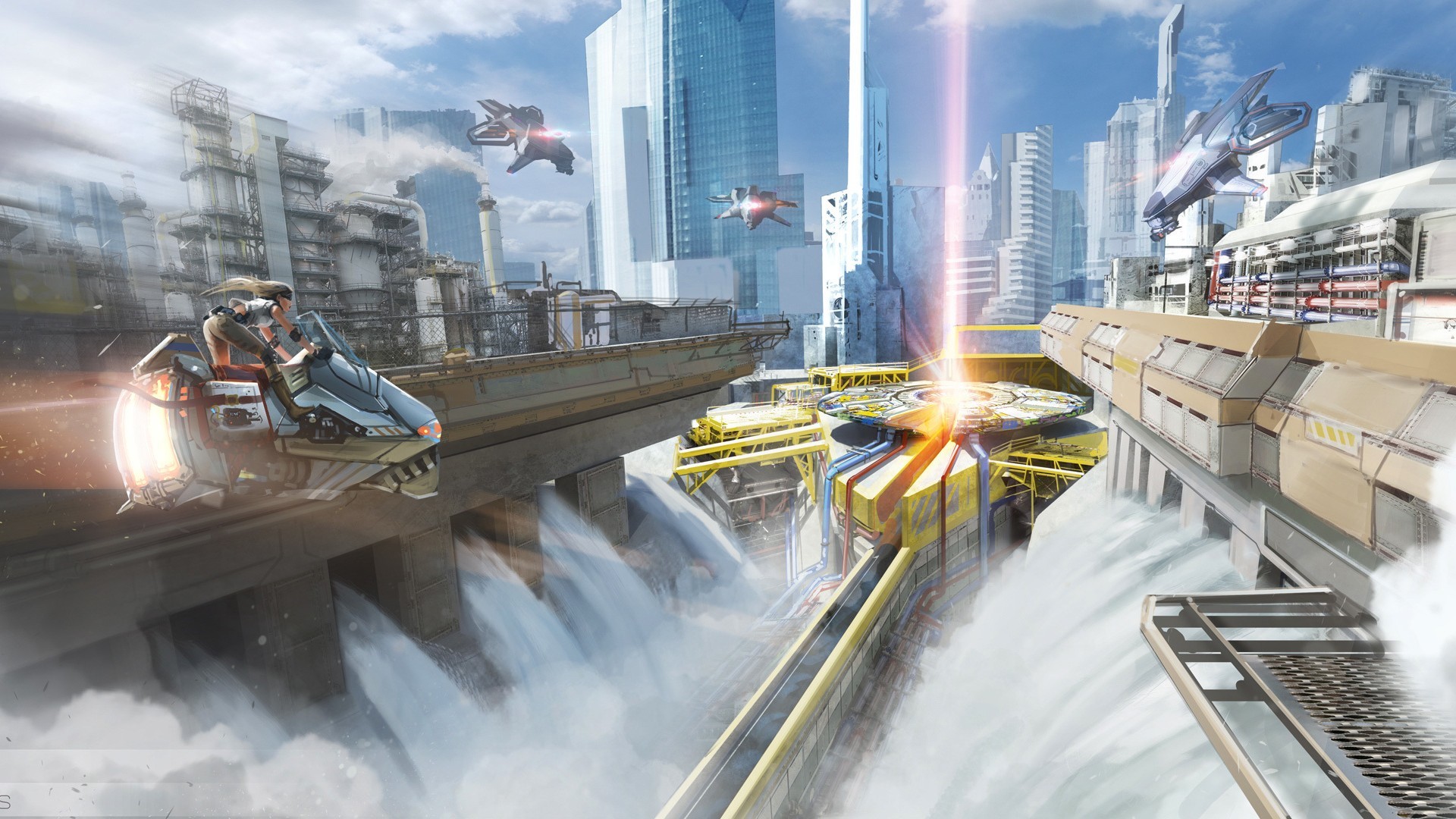 Futuristic city with flying vehicles and a woman on a hoverbike HD Wallpaper