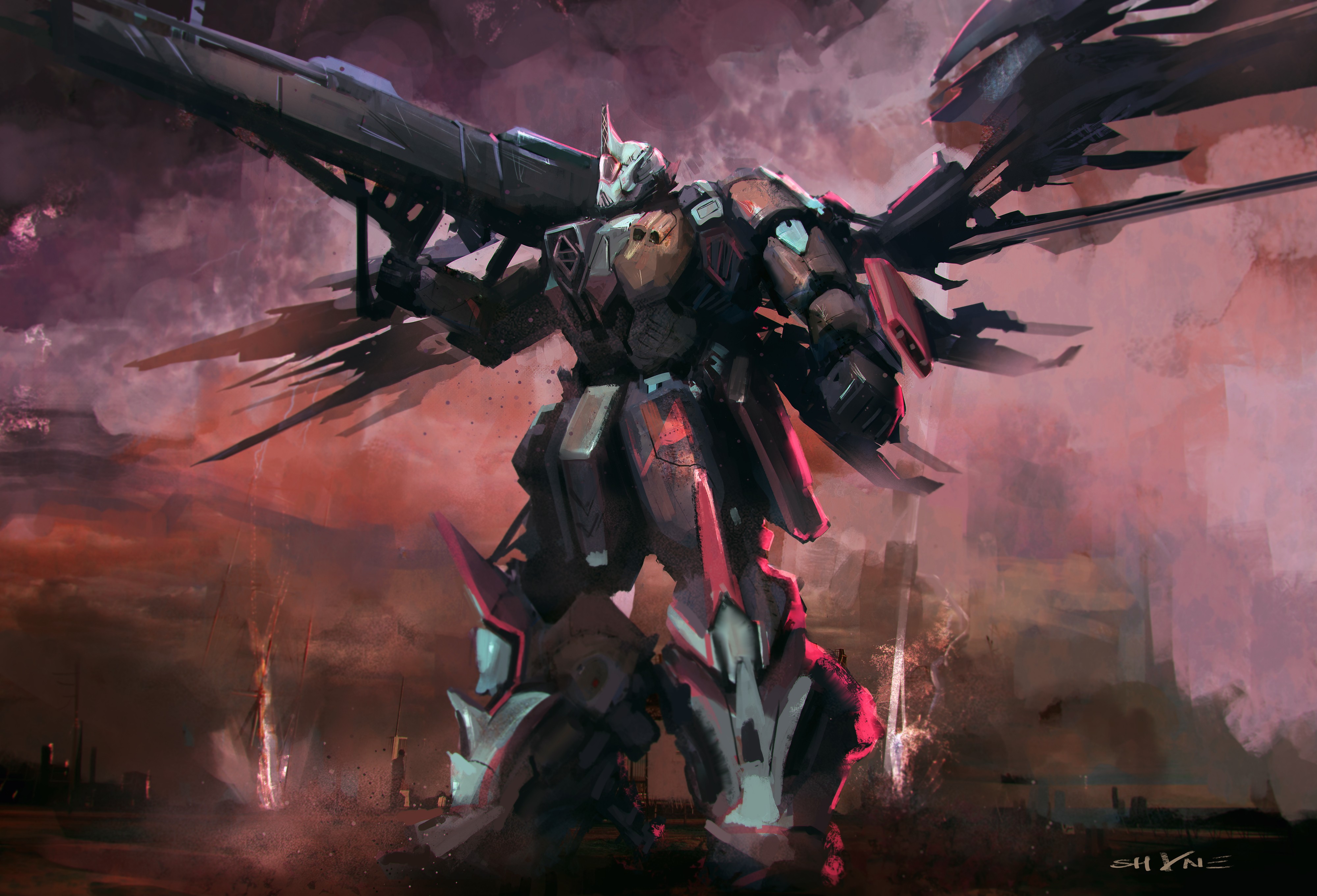 A science fiction mech with large wings and a cannon HD Wallpaper