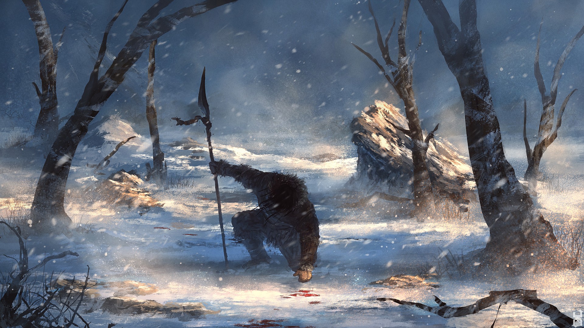Fantasy warrior with spear in snowy forest HD Wallpaper