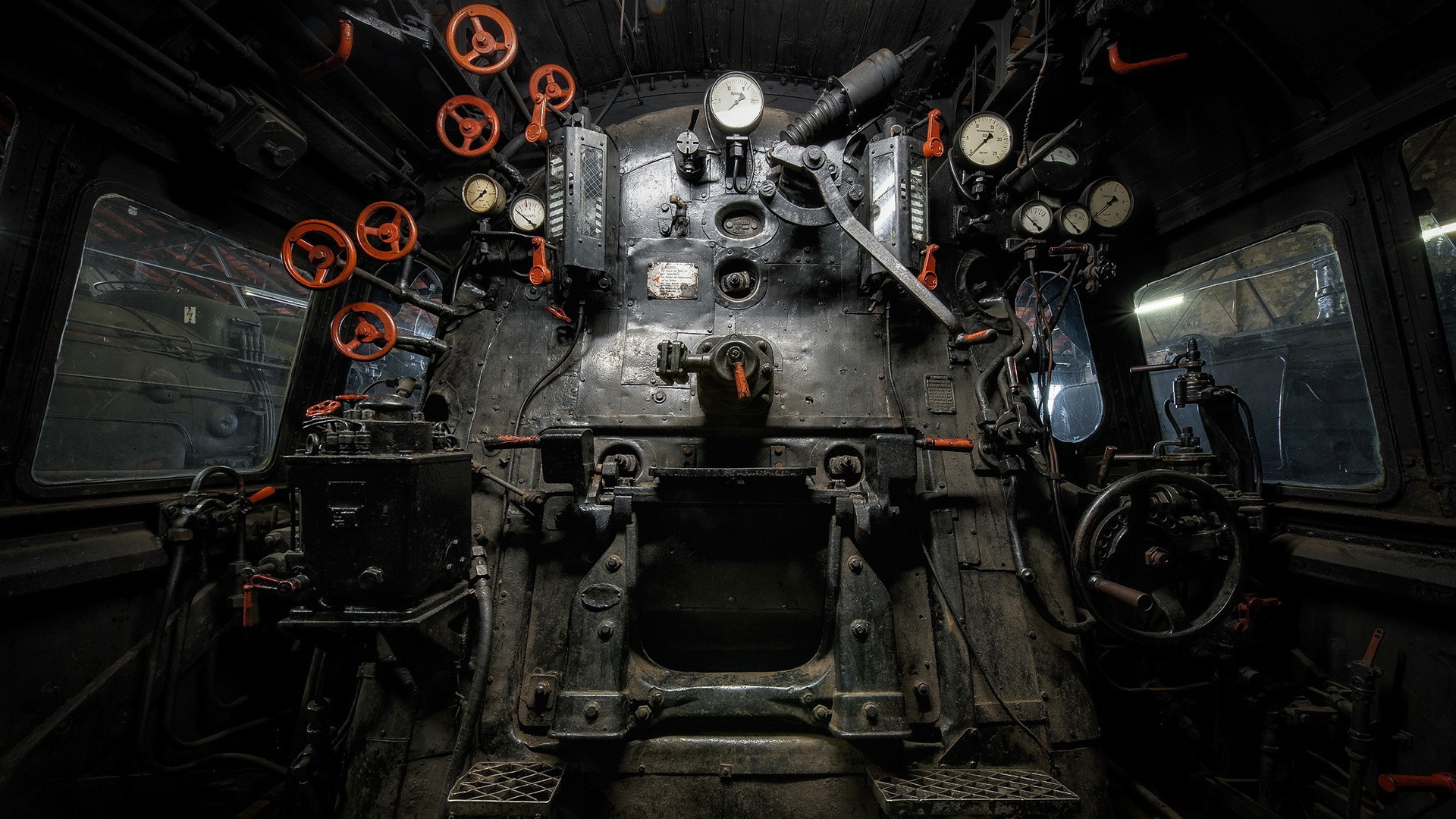 Interior of a vintage steam locomotive cab HD Wallpaper