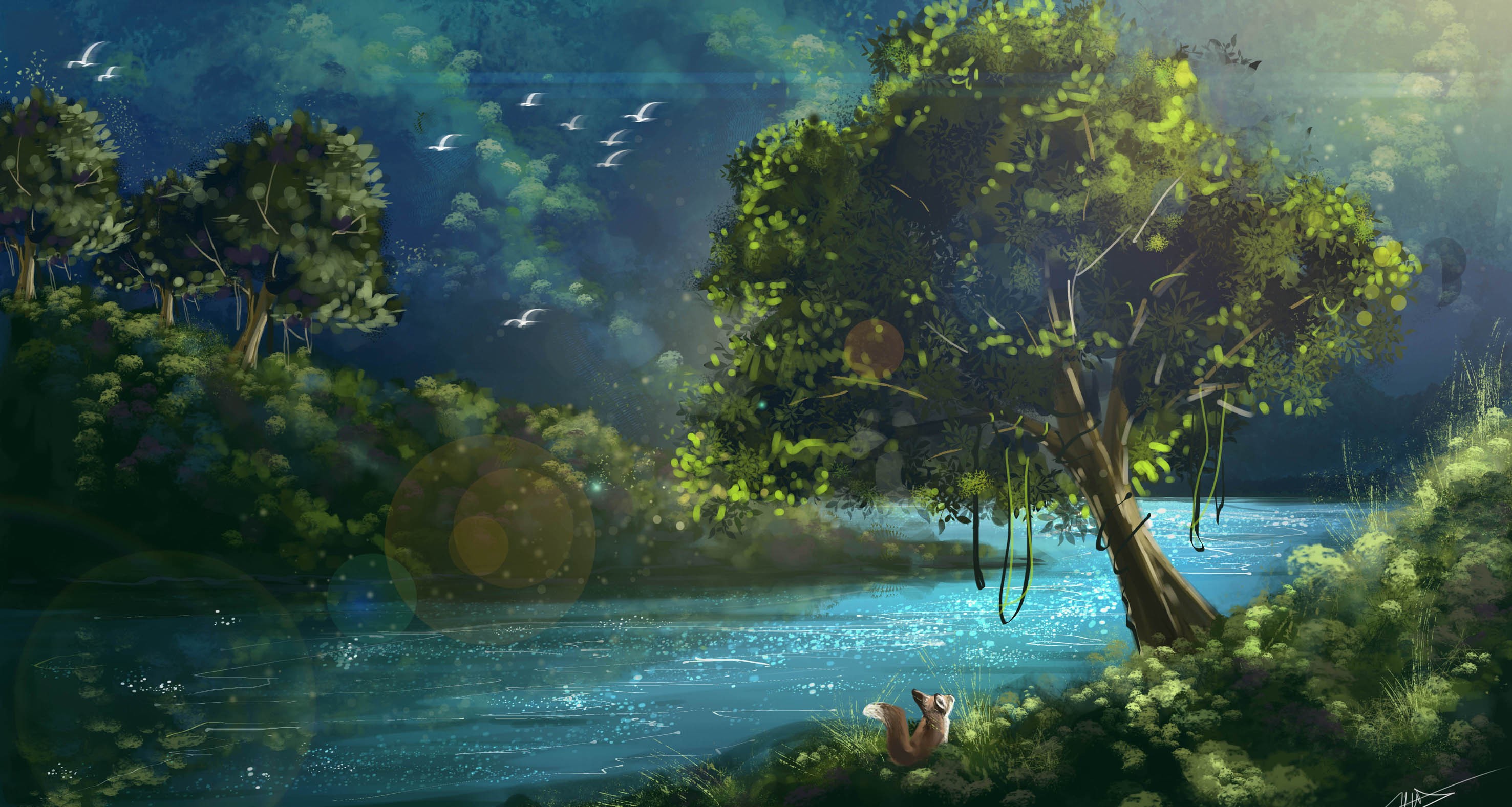 Fantasy art of a river scene with birds and a fox HD Wallpaper