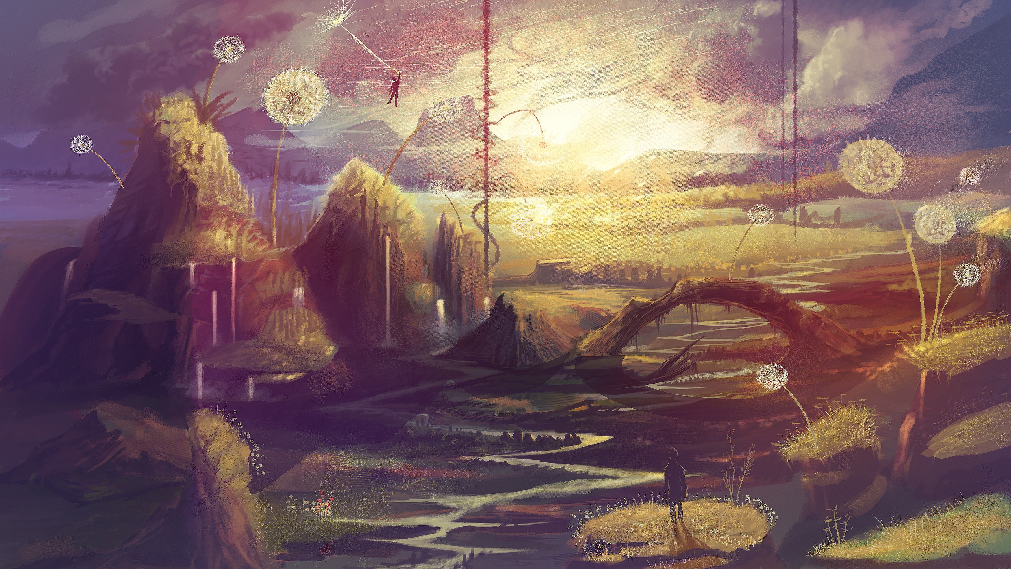 Fantasy landscape with dandelions and figures HD Wallpaper