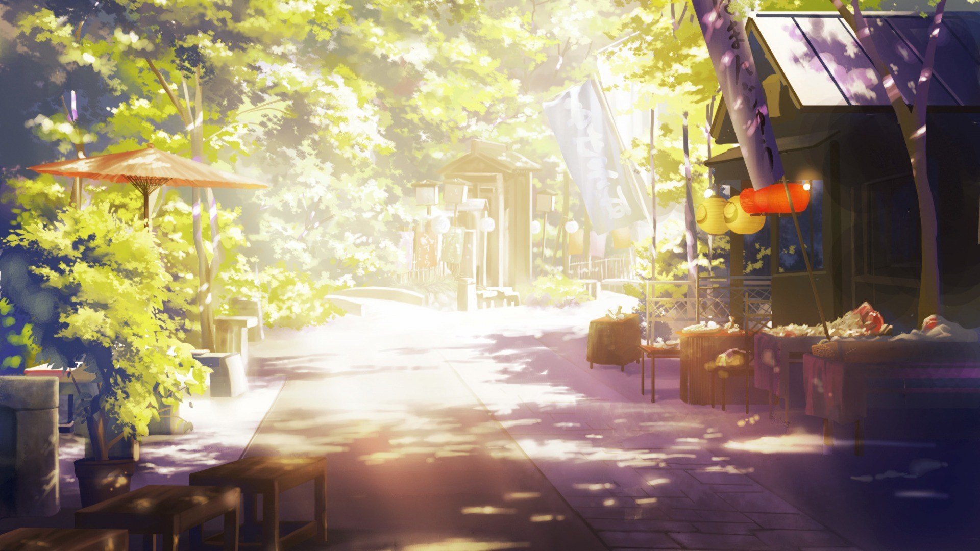 Anime street with stalls and trees HD Wallpaper
