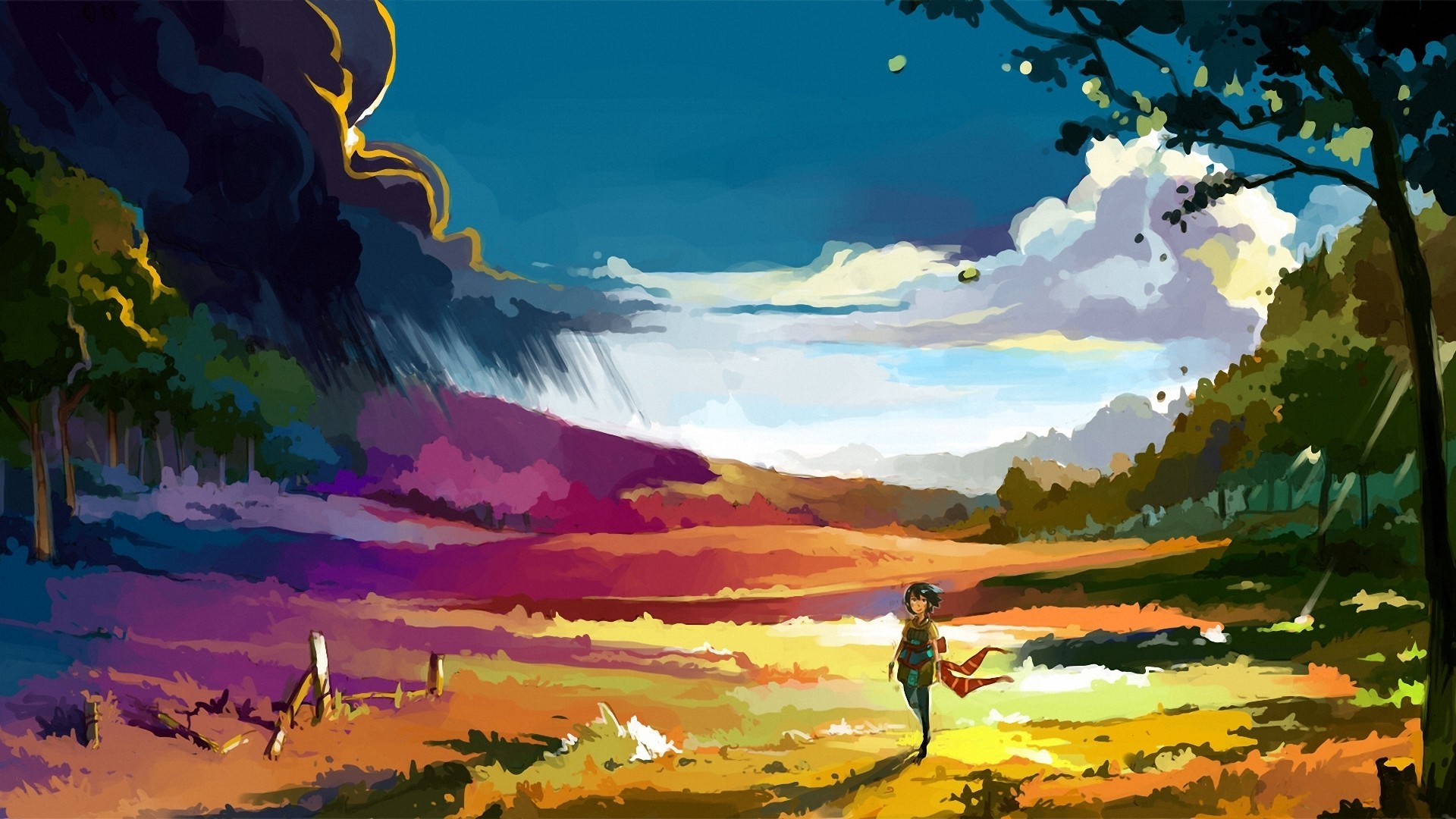 Fantasy art of a person walking through a colorful landscape HD Wallpaper