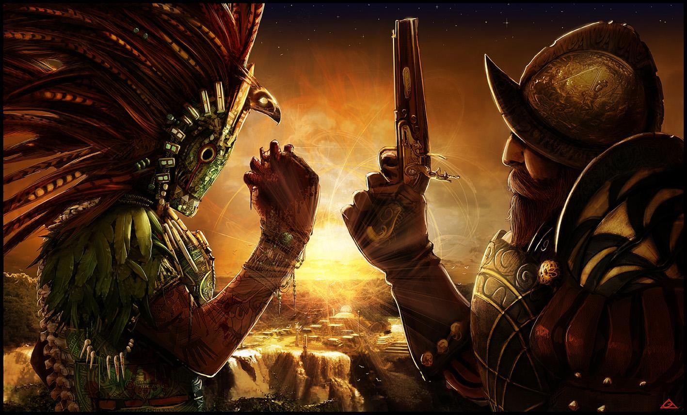 Mexican Warrior and Conquistador Face Off HD Wallpaper