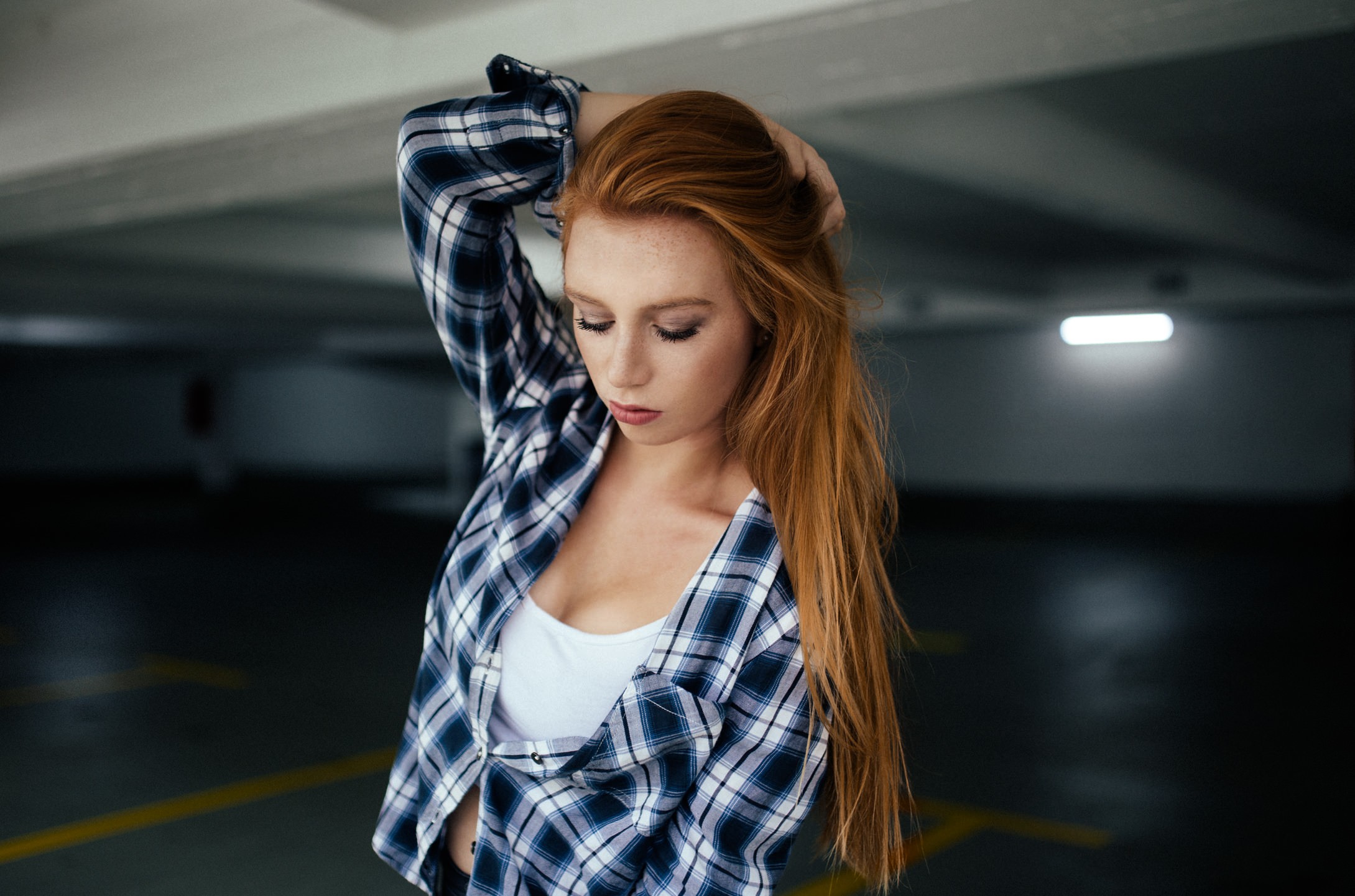 Woman with red hair in a plaid shirt HD Wallpaper