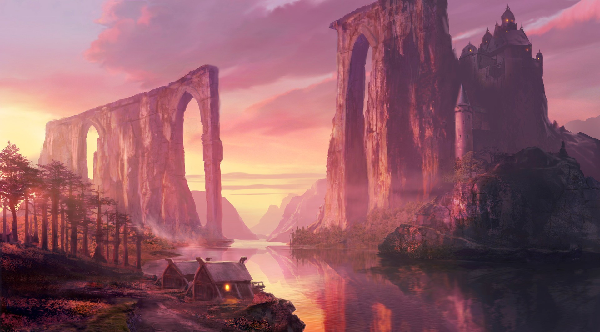 Fantasy landscape with ancient ruins and a castle HD Wallpaper