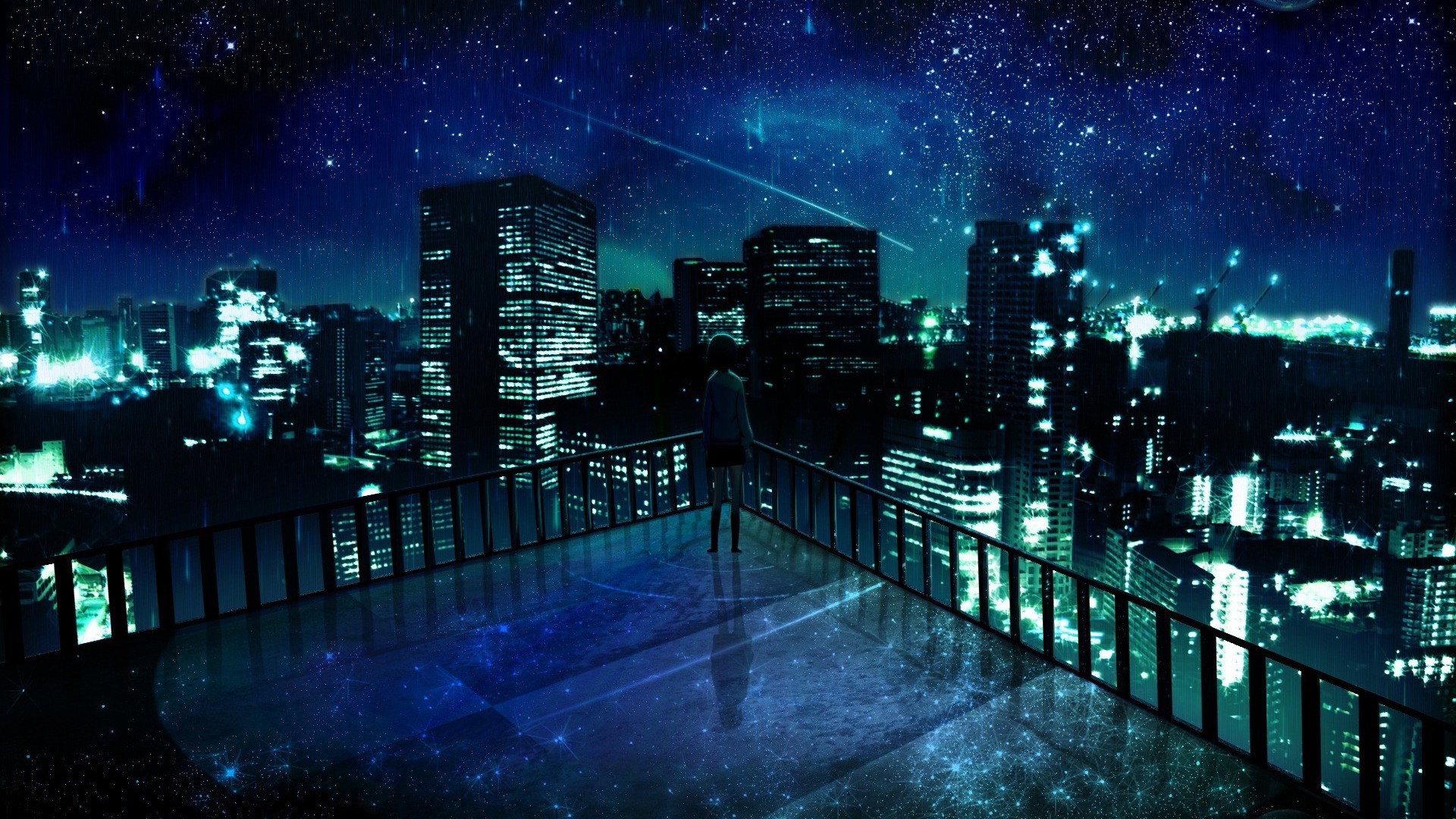 Anime girl on a rooftop overlooking a city at night HD Wallpaper