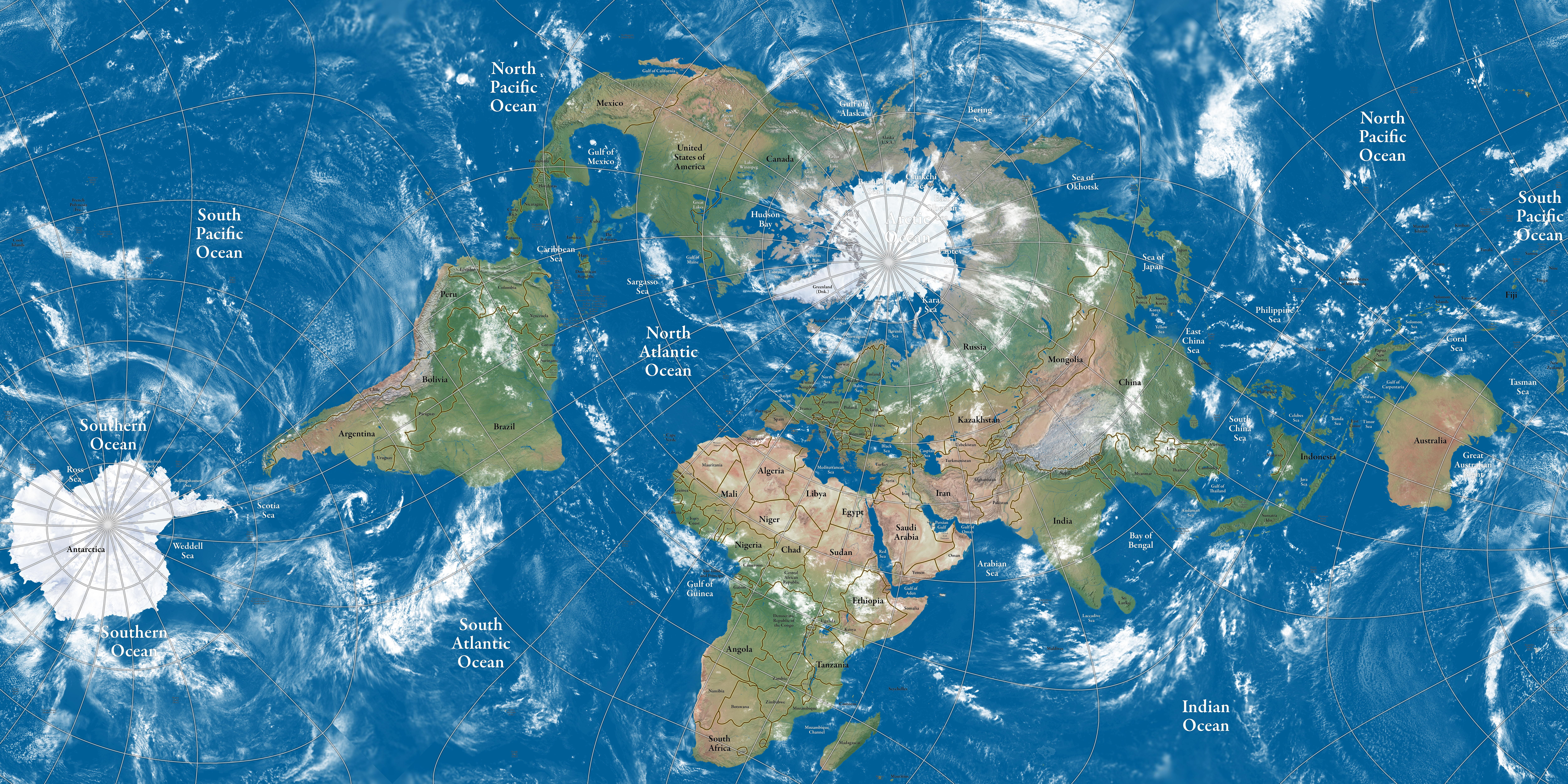 World Map Showing Continents, Oceans, and Antarctica HD Wallpaper