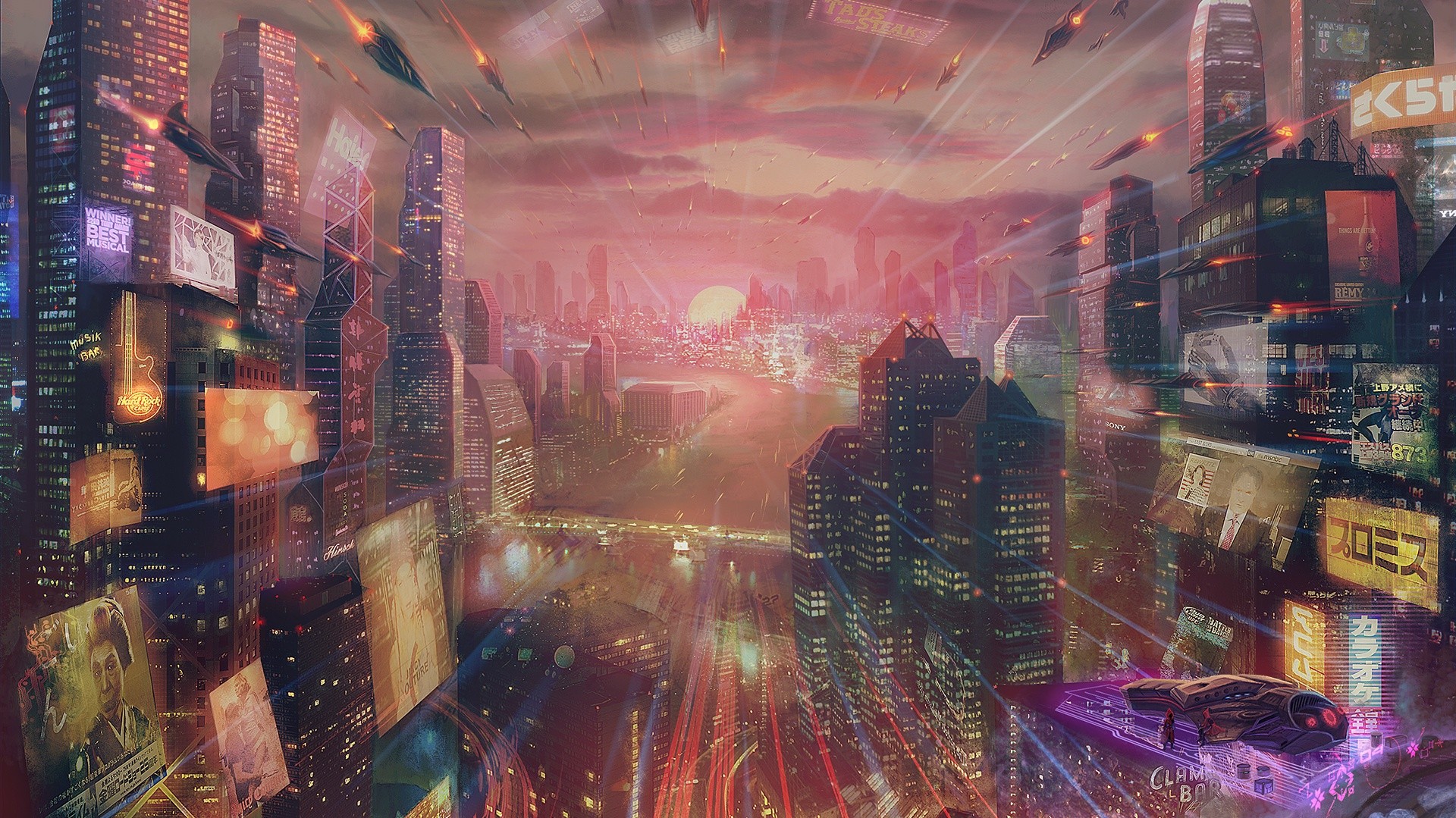 Futuristic city artwork with flying vehicles HD Wallpaper