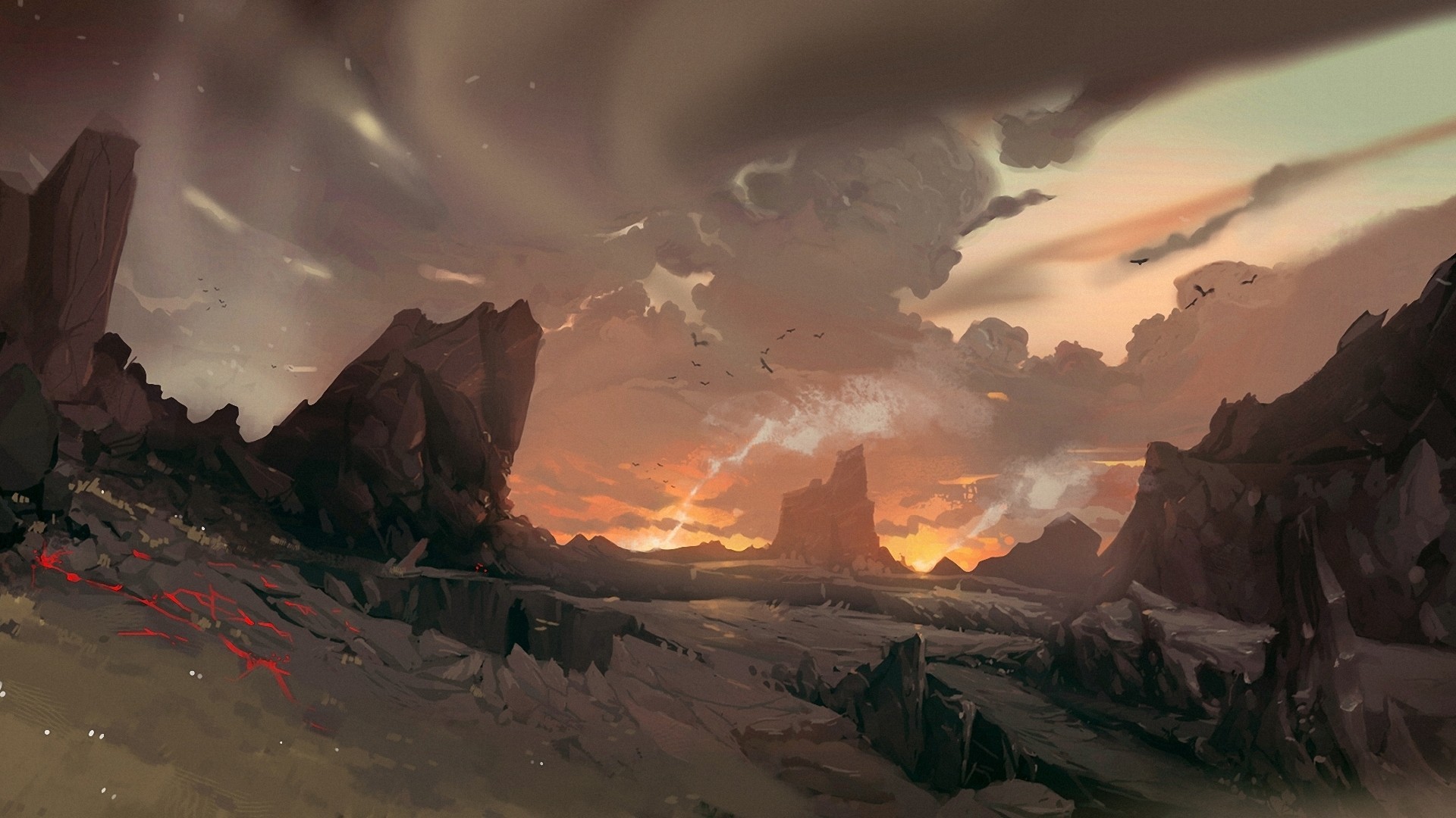 Digital artwork of a rocky, desolate landscape at sunset HD Wallpaper