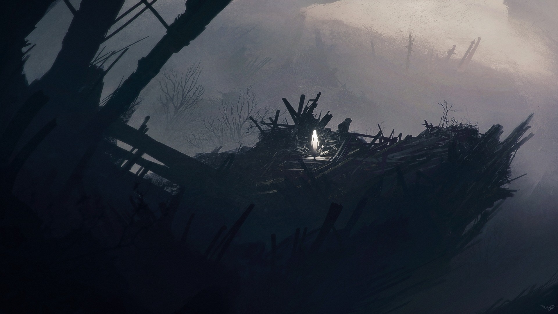 Ghostly figure in a ruined ship in a foggy forest HD Wallpaper