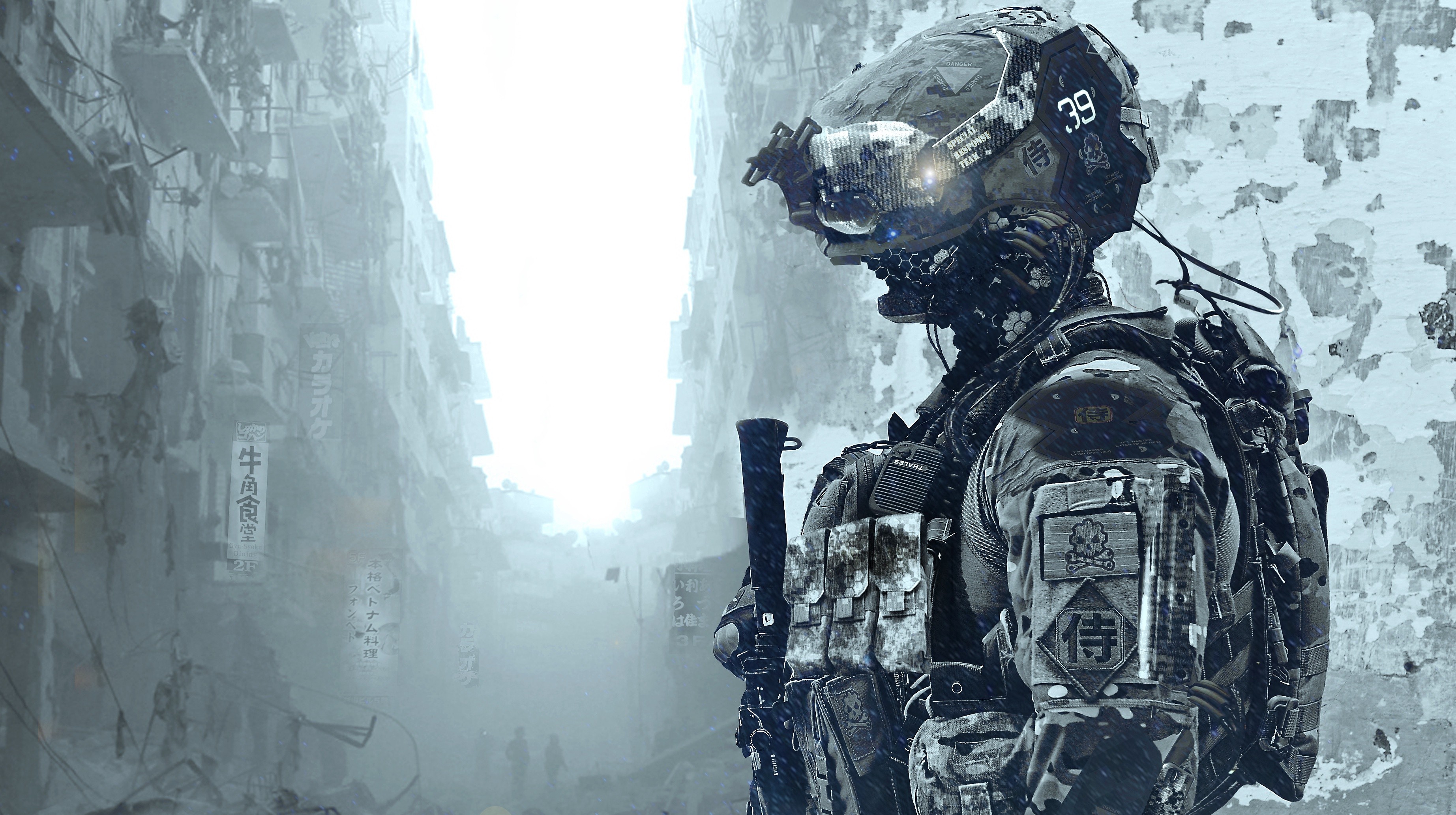 Cyberpunk Soldier in Ruined City HD Wallpaper