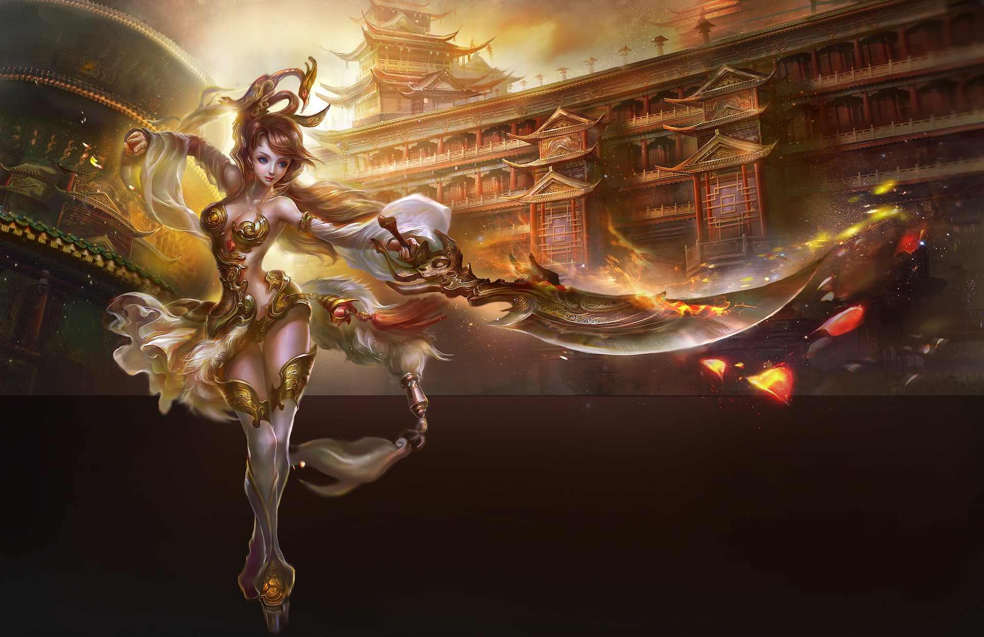 Anime girl with a sword in front of a palace HD Wallpaper