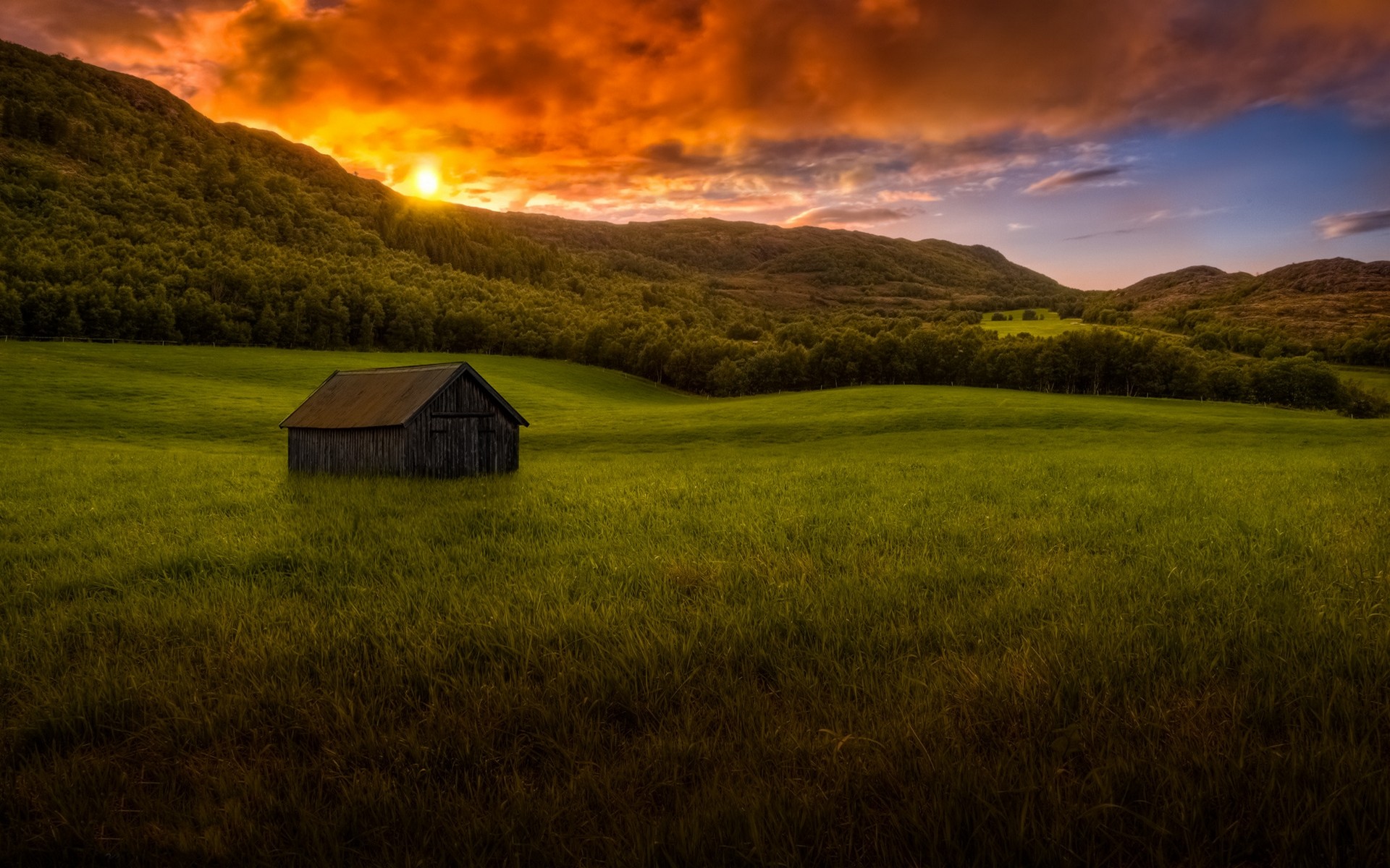Wooden hut in a green field during sunset HD Wallpaper