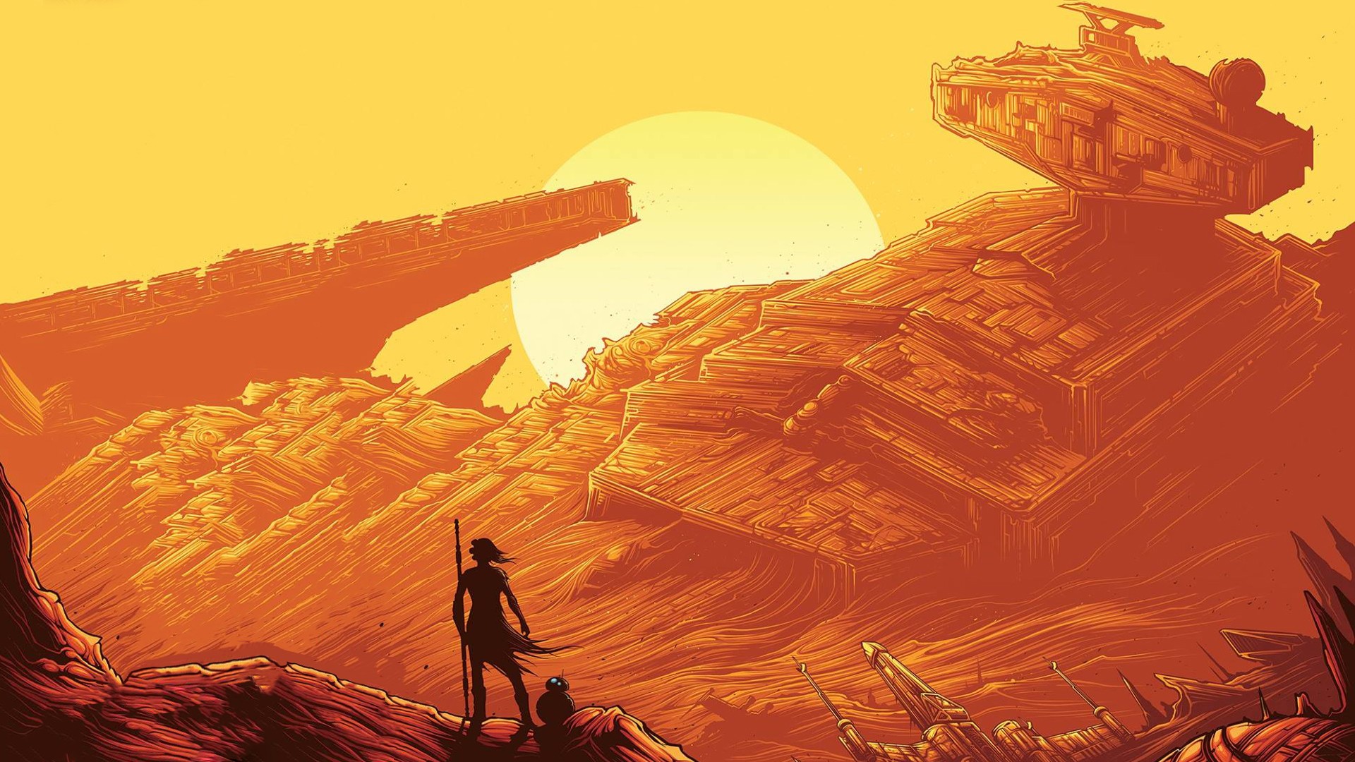 Rey and BB-8 on Jakku with Star Destroyers HD Wallpaper