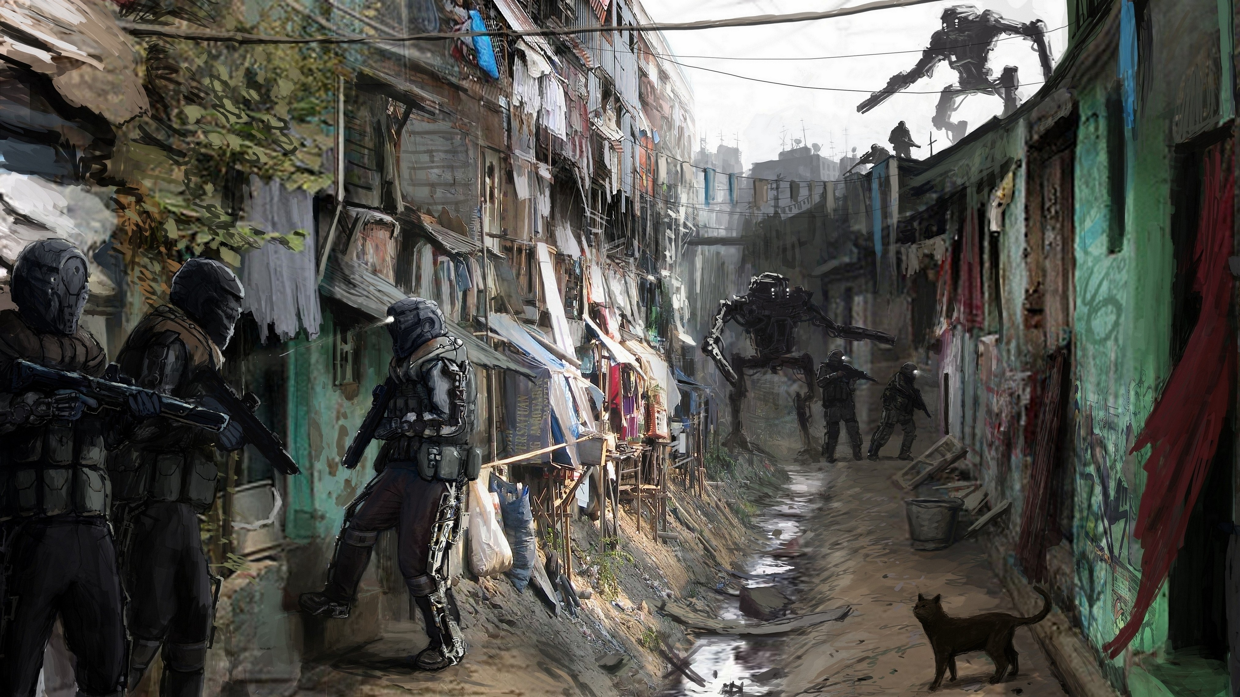 Soldiers and robots in a futuristic slum HD Wallpaper