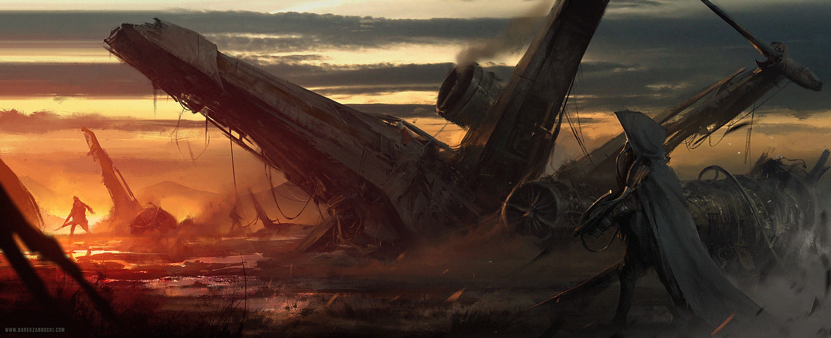 Star Wars X-wing crash site at sunset HD Wallpaper