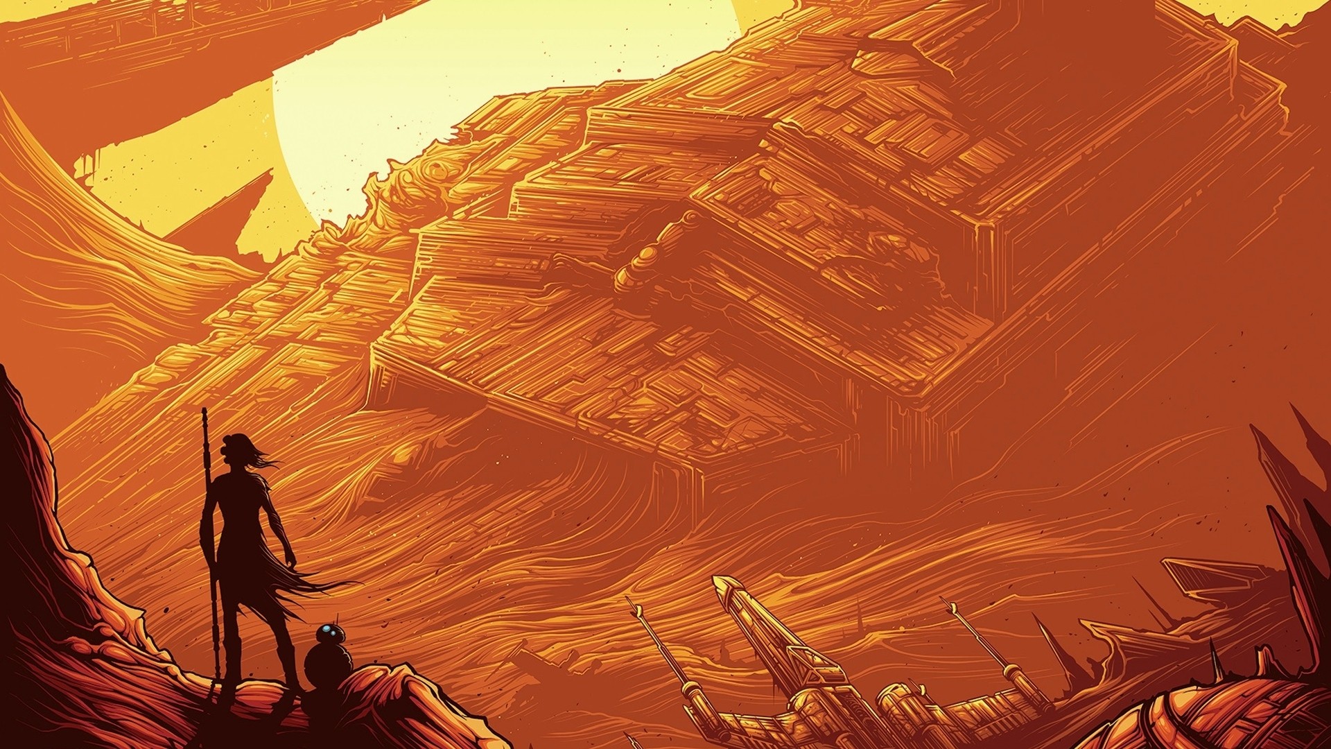 Rey and BB-8 on a desert planet with a Star Destroyer HD Wallpaper