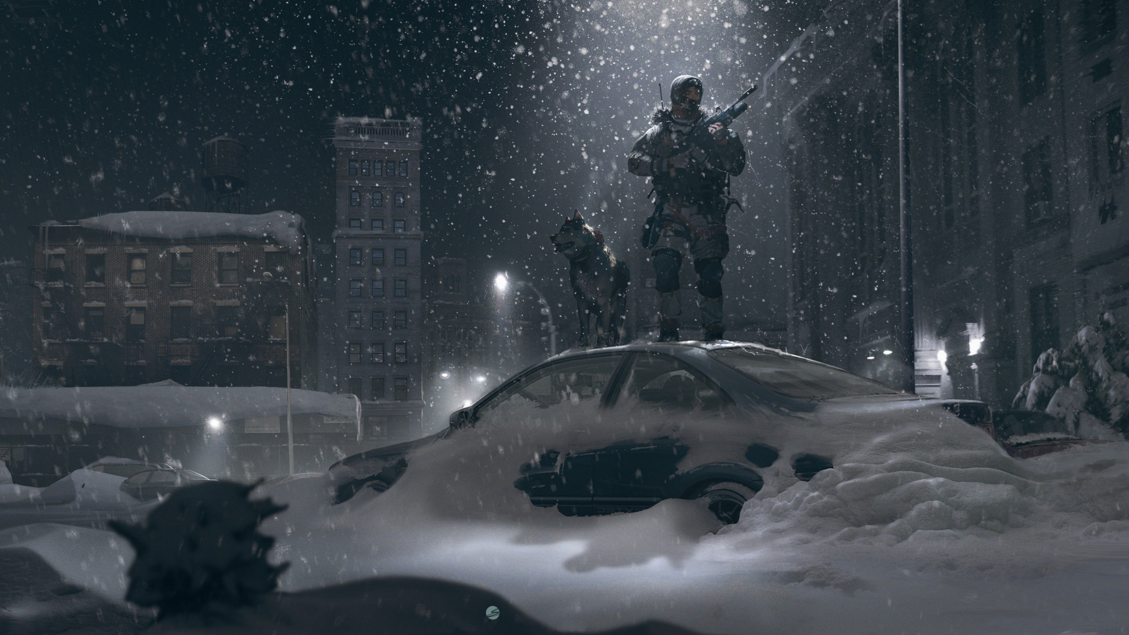 Soldier and dog stand on a car in a snowy city HD Wallpaper