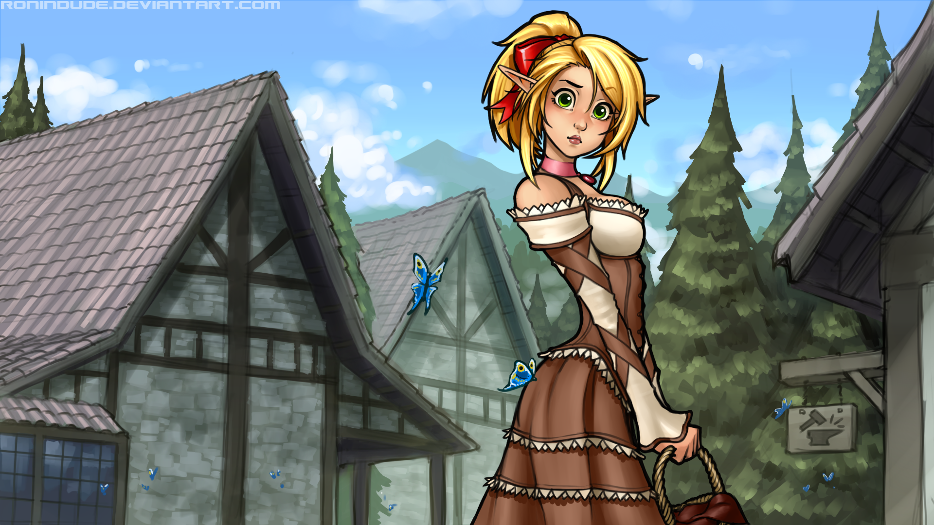Elf girl in a brown dress with a basket HD Wallpaper