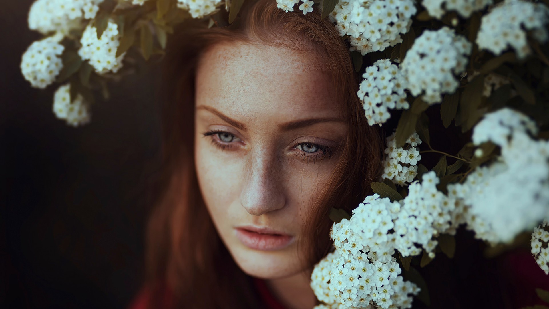 Woman with red hair and freckles surrounded by white flowers HD Wallpaper