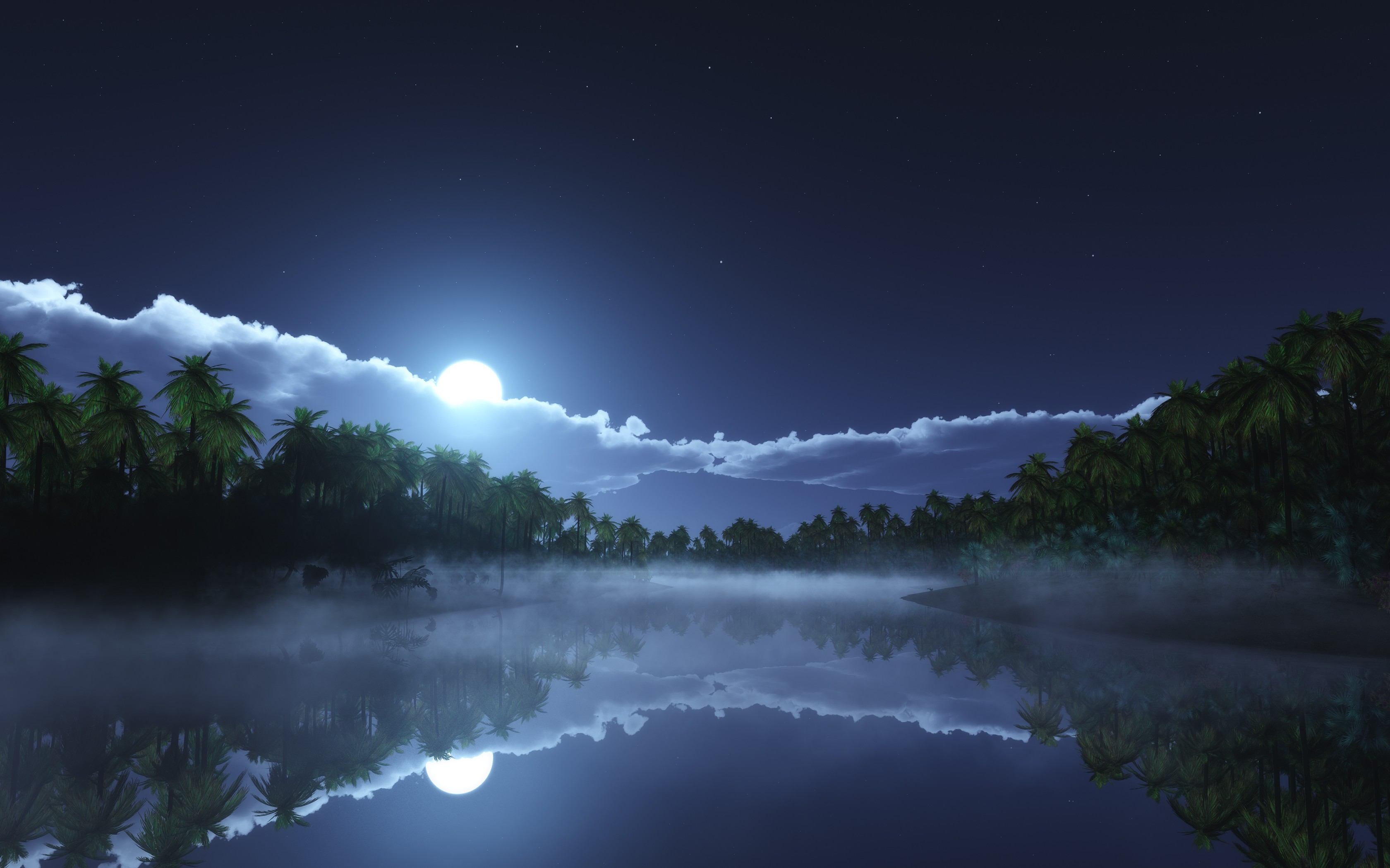 Tropical lake at night with moonlight and palm trees HD Wallpaper