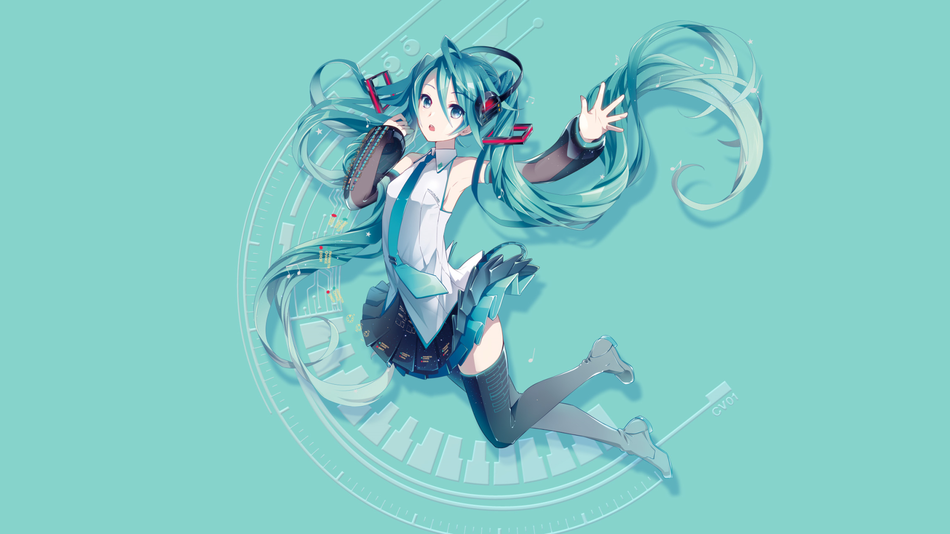 Hatsune Miku singing with headphones and long teal hair HD Wallpaper