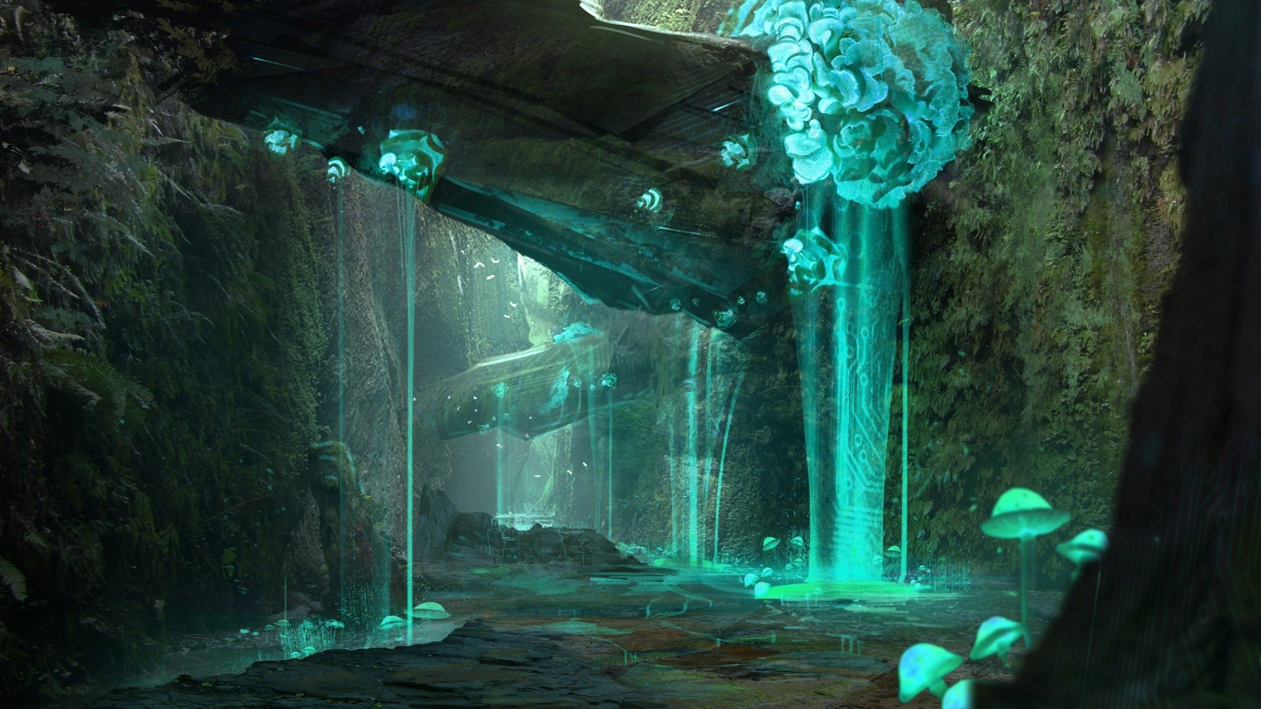 Alien spaceship in a bioluminescent swamp HD Wallpaper