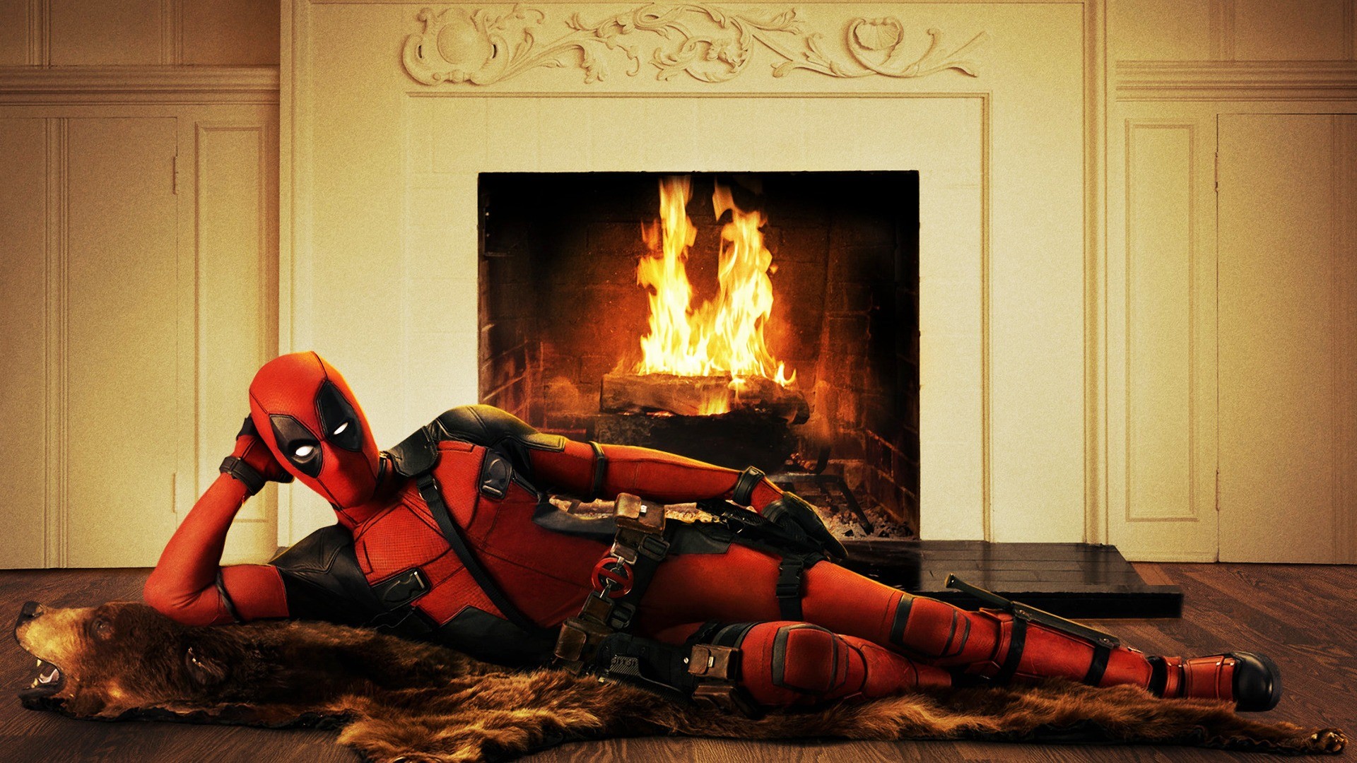 Deadpool Poses by a Fireplace on a Bear Rug HD Wallpaper