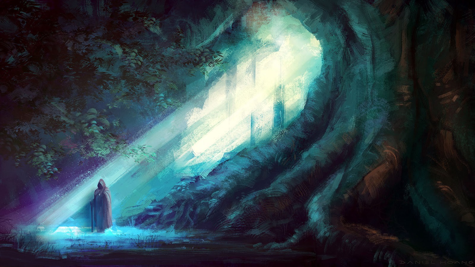A hooded figure stands in a sunlit forest clearing HD Wallpaper