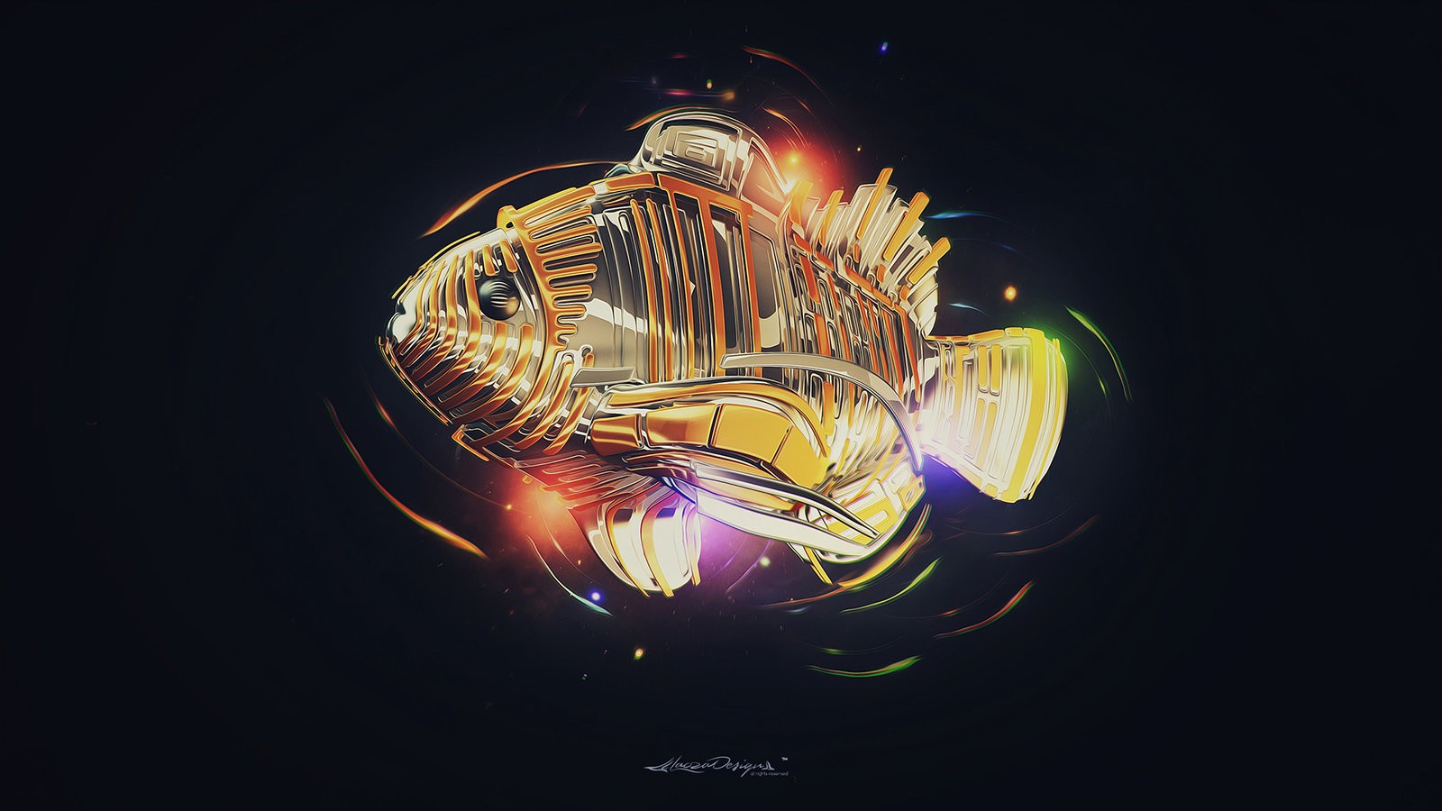 Digital art of a golden mechanical fish HD Wallpaper