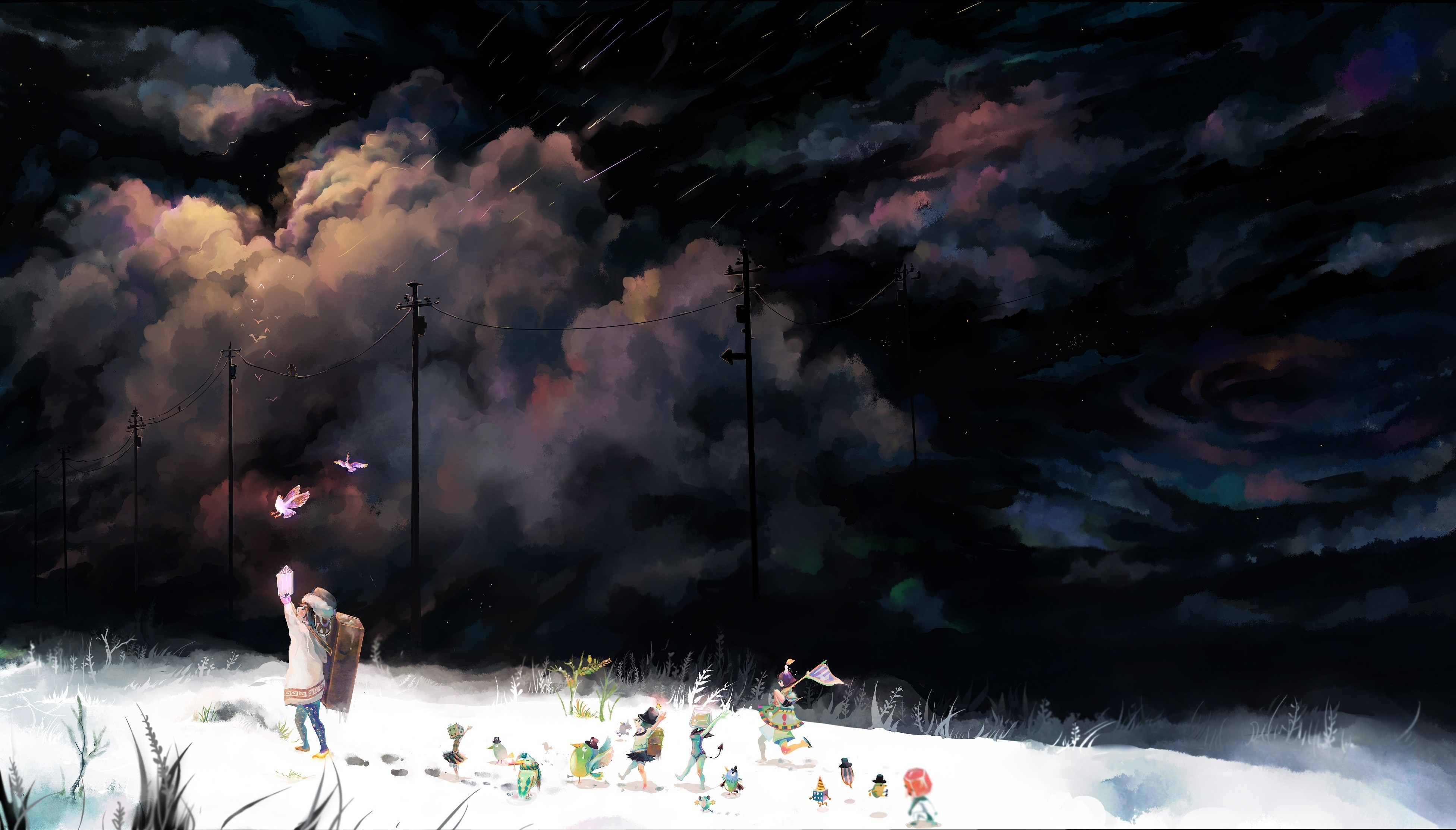 Anime artwork of a snowy night with a girl and birds HD Wallpaper