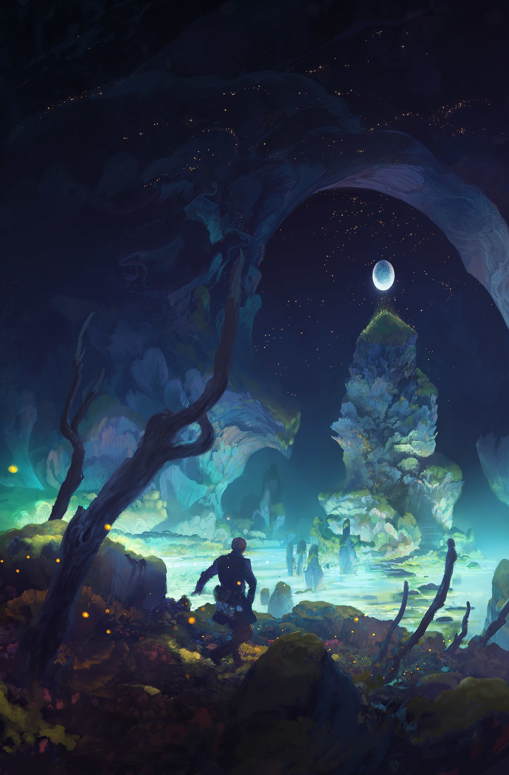 Digital art of a person in a cave with a moon HD Wallpaper