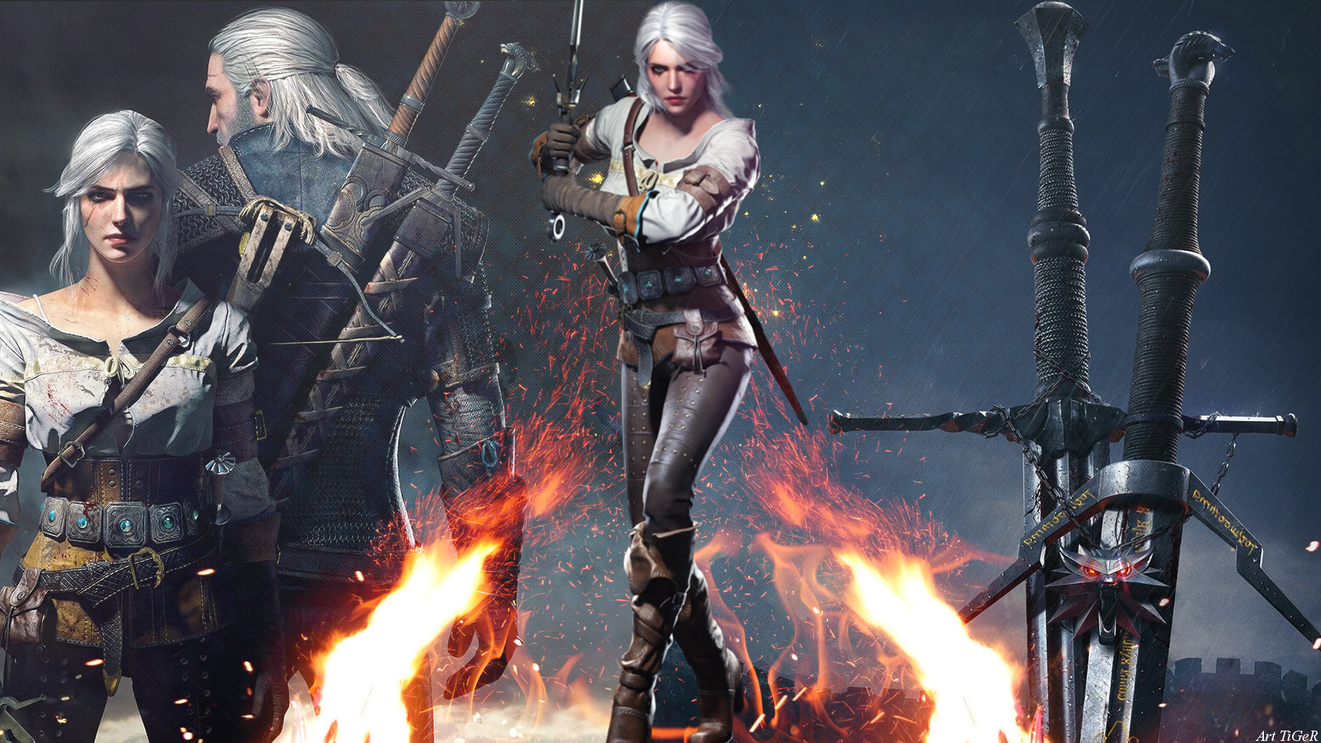 The Witcher 3: Ciri and Geralt with Swords HD Wallpaper