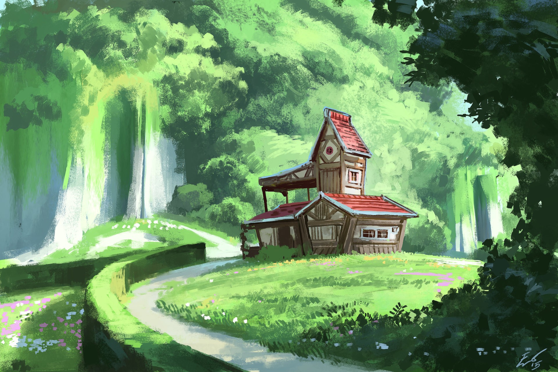 Fantasy house by waterfalls in a forest HD Wallpaper