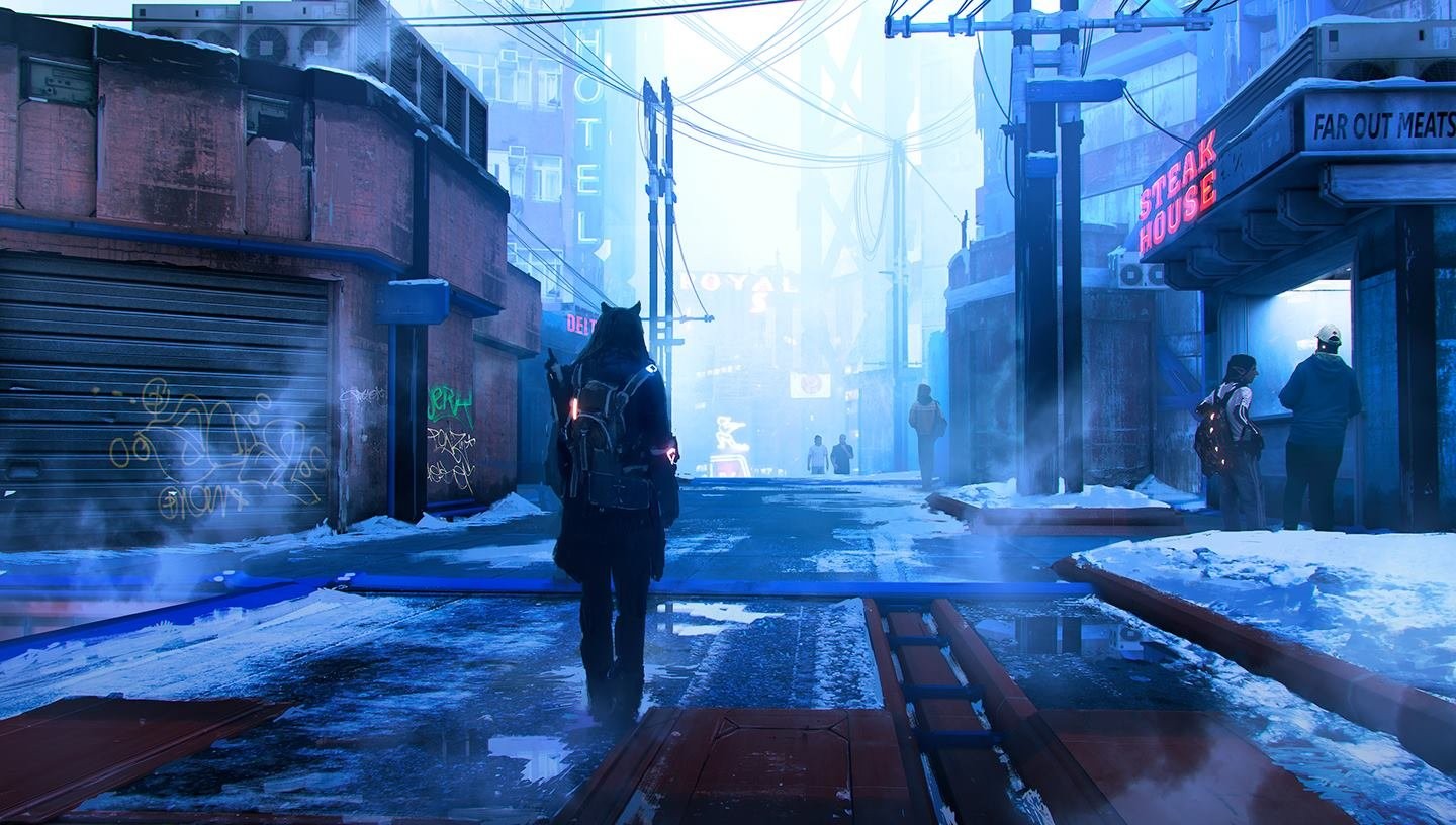 Cyberpunk City Street with Snow and Neon Lights HD Wallpaper