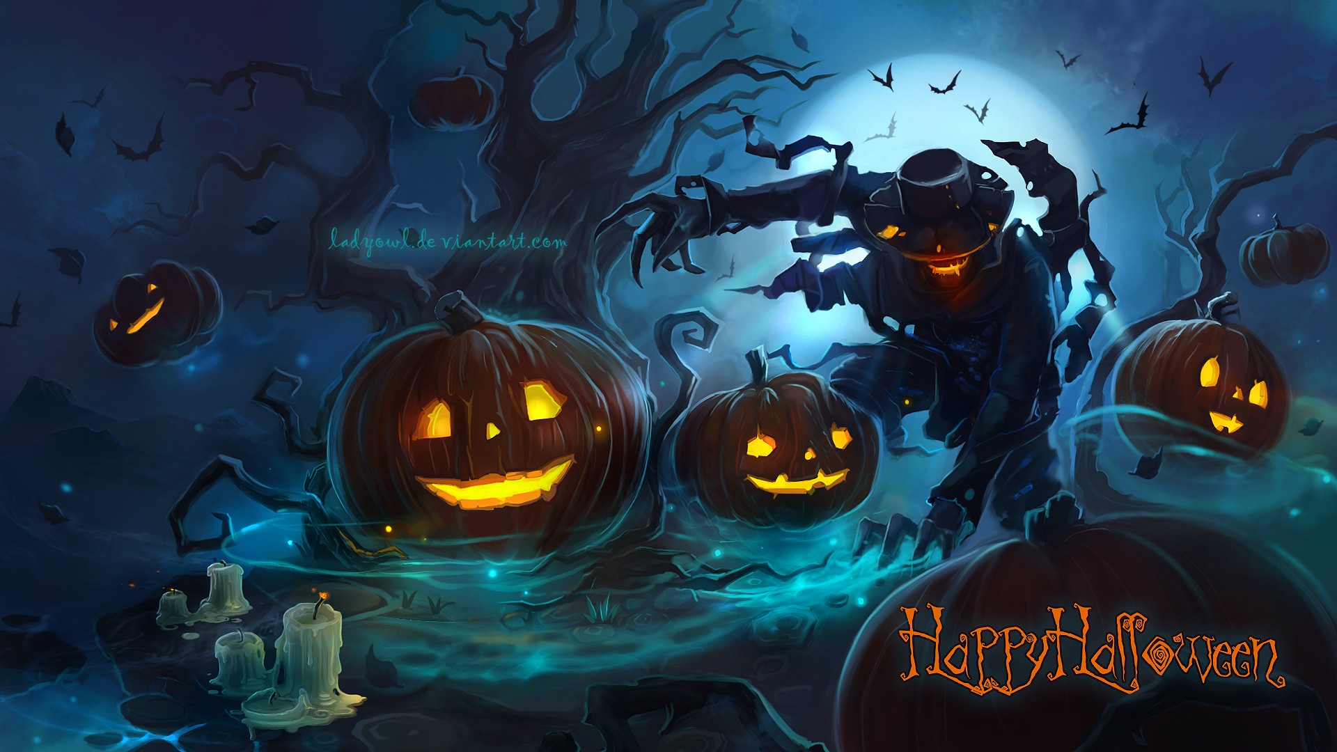 Happy Halloween Scarecrow and Pumpkins HD Wallpaper