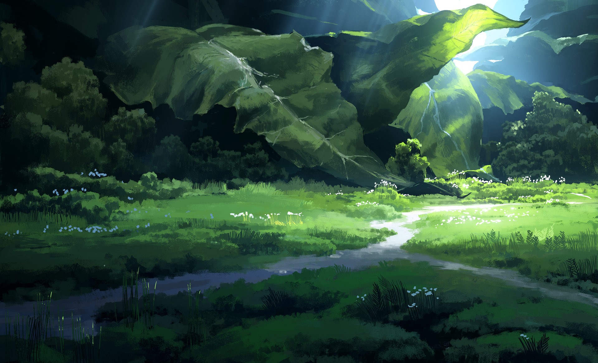 Digital art of a fantasy forest landscape HD Wallpaper